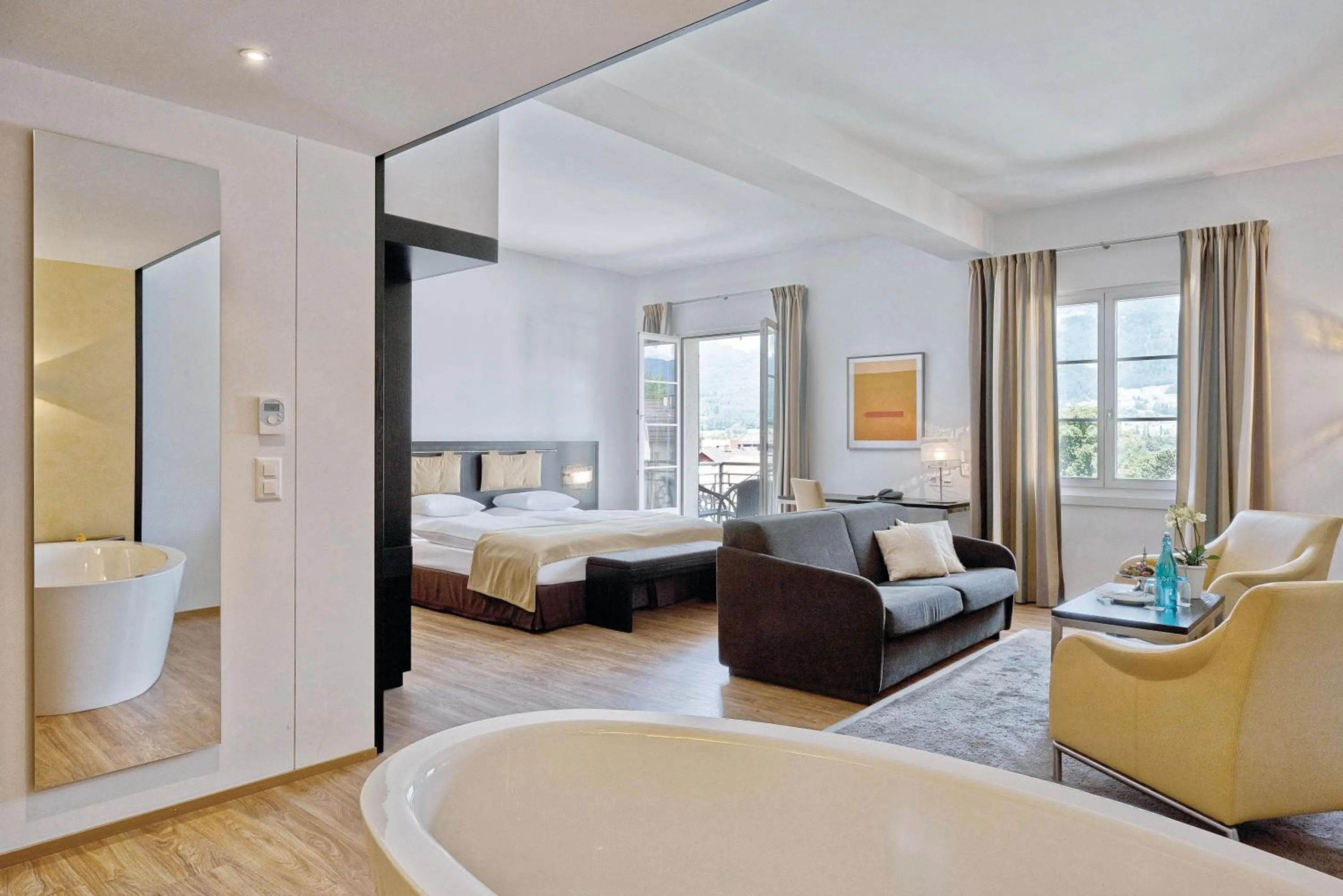 Bathroom, Bed in Sorell Hotel Tamina Bad Ragaz