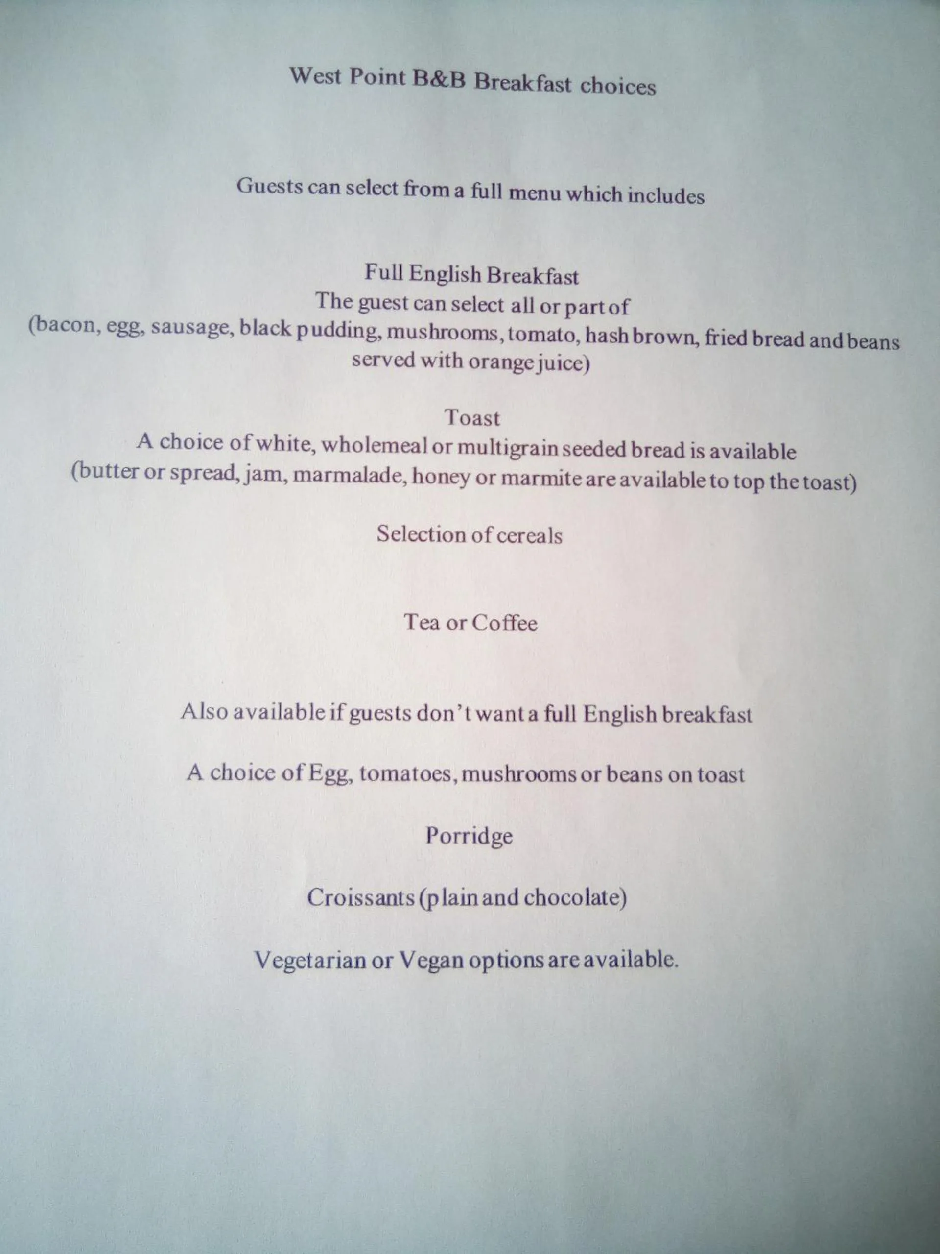 Breakfast in West Point B&B