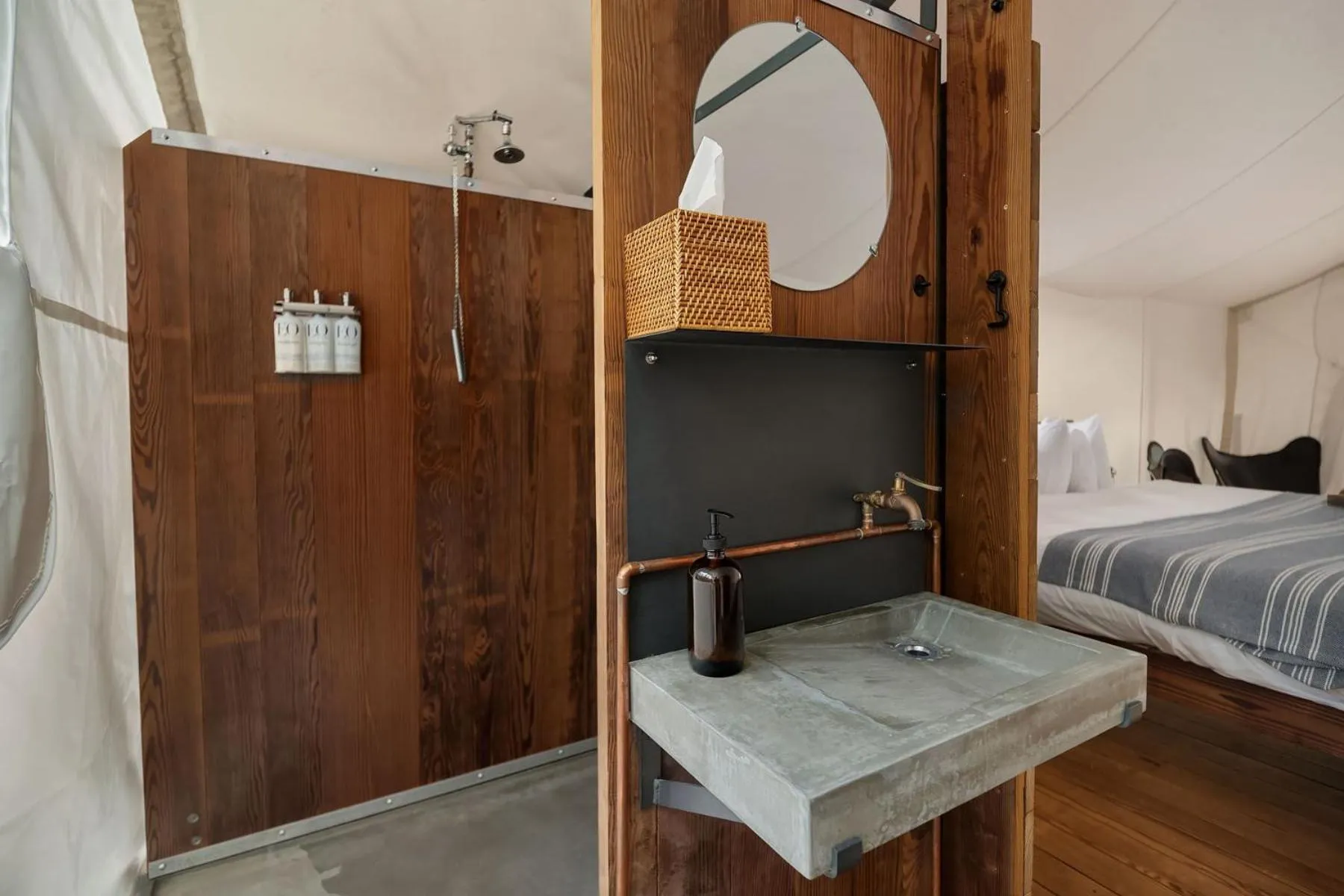 Bathroom, Bed in Under Canvas Acadia