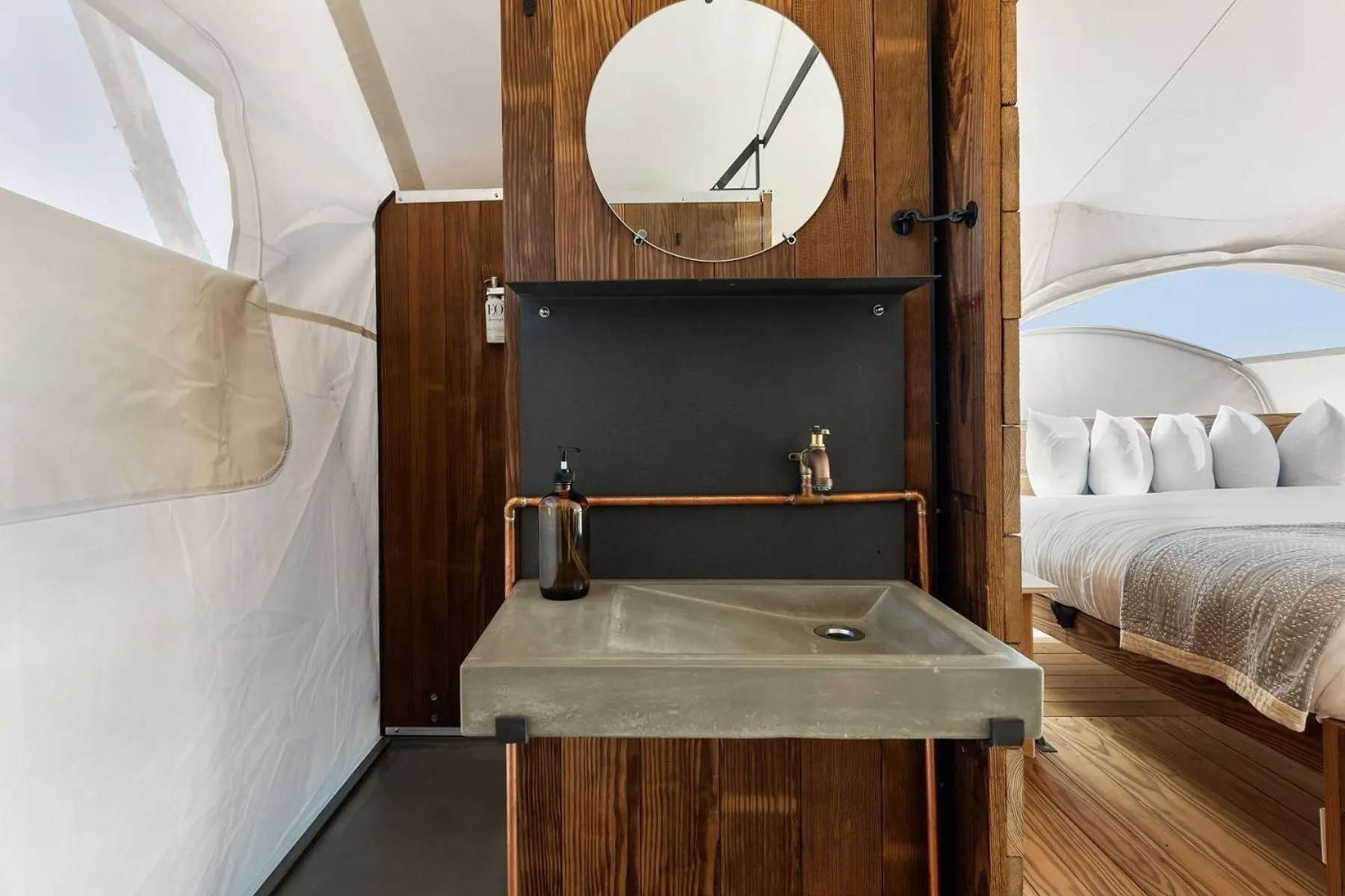 Bathroom, Bed in Under Canvas Acadia