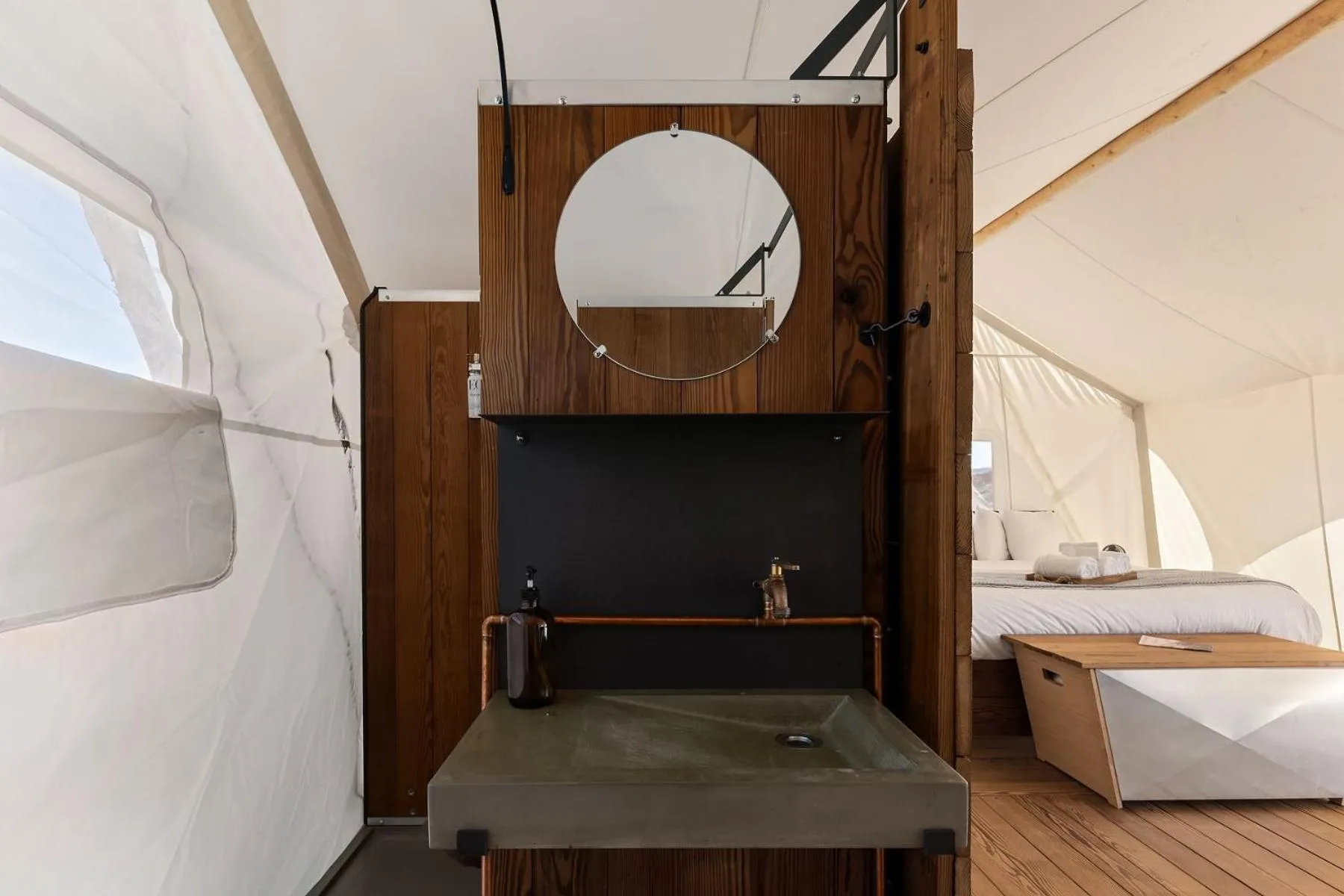 Bathroom, Bed in Under Canvas Acadia