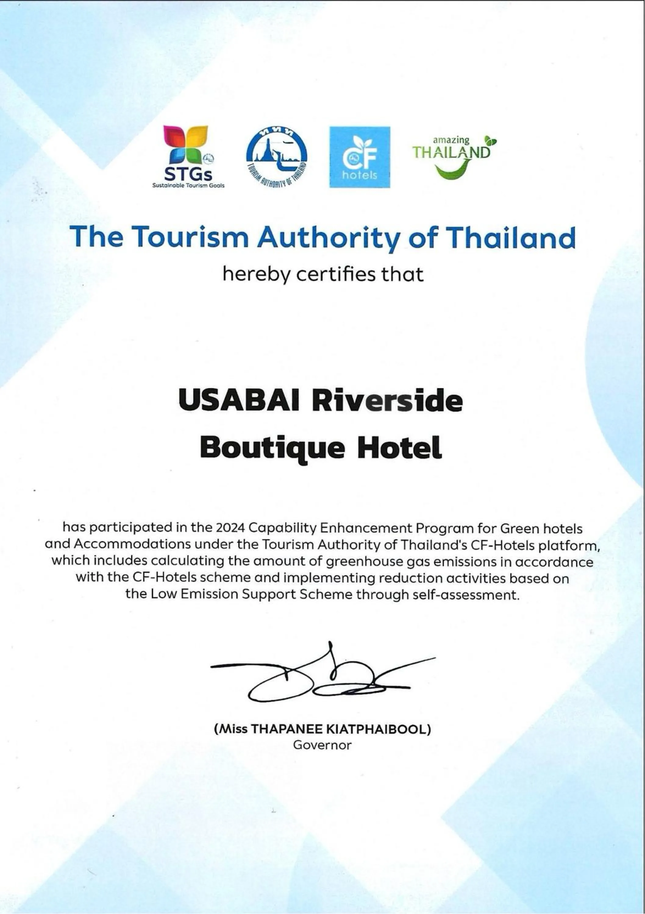 Logo/Certificate/Sign in USABAI Riverside Boutique Hotel
