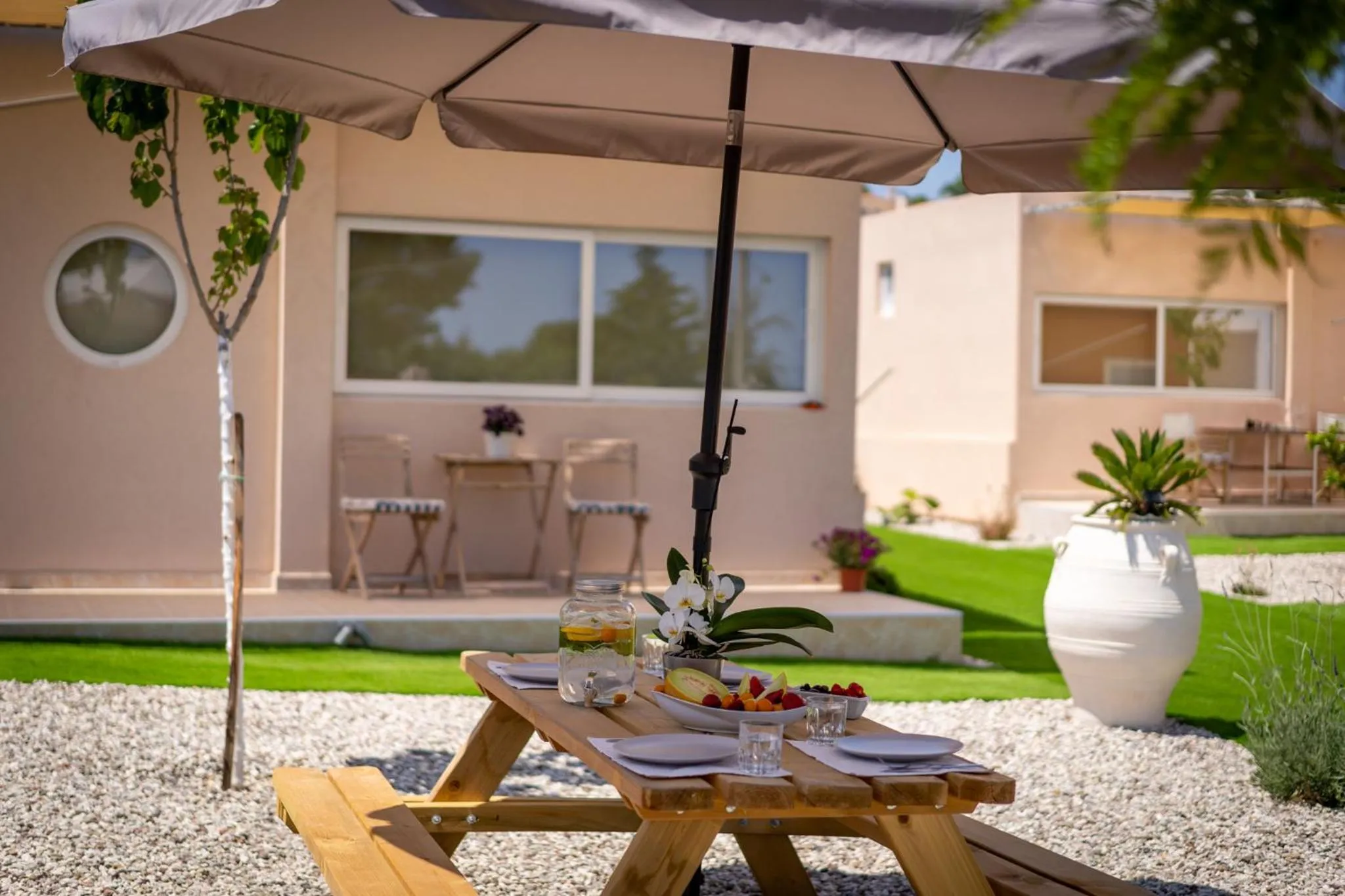 Patio in Modular Bungalows With Heated Pool Artemis Greece