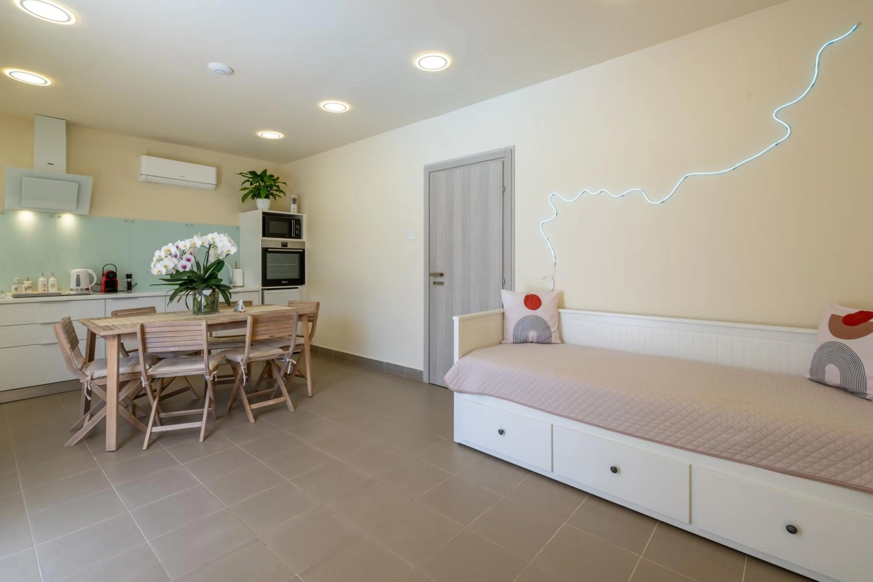 kitchen, Bed in Modular Bungalows With Heated Pool Artemis Greece