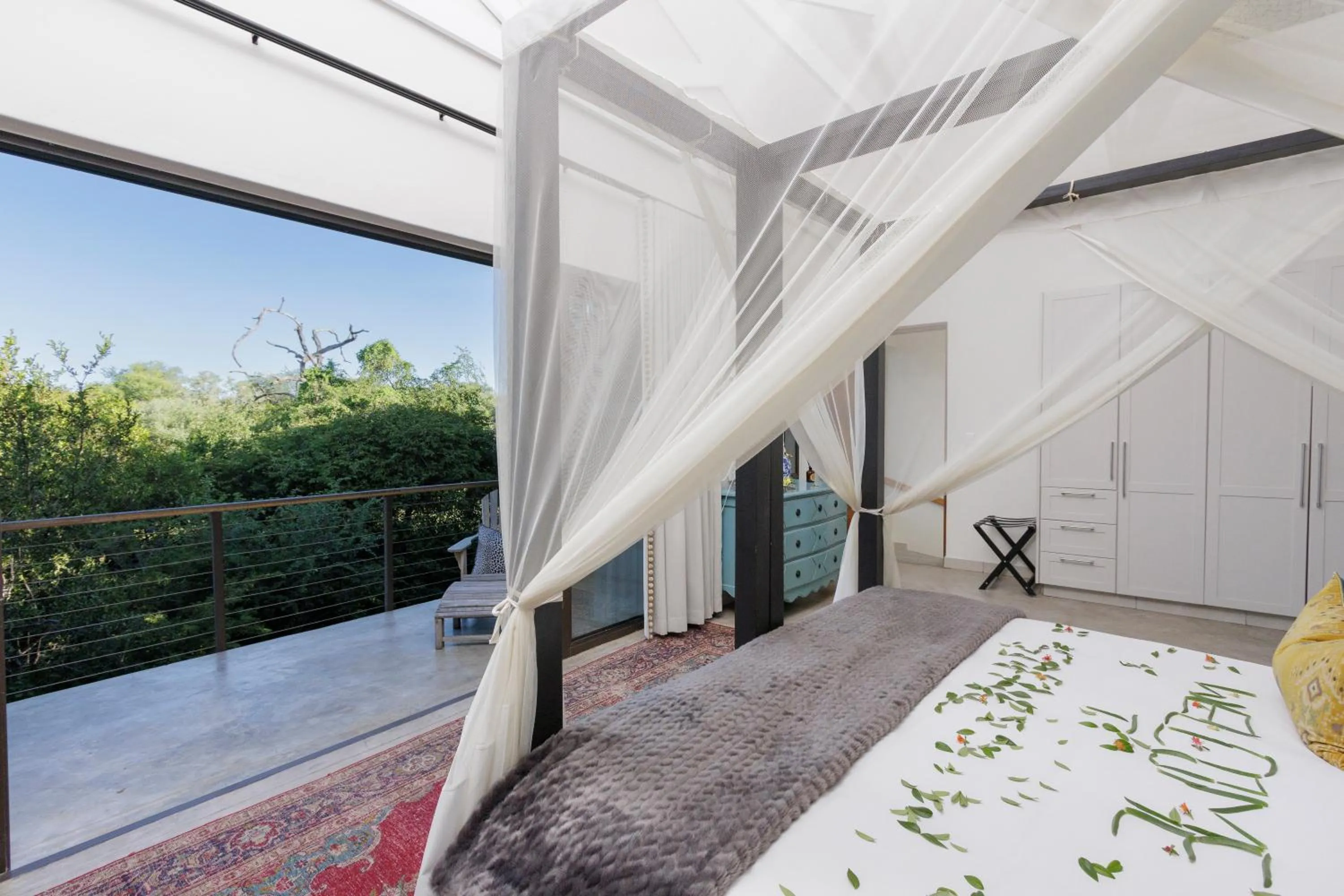 Patio, Bed in Safari Moon Luxury Bush Lodge