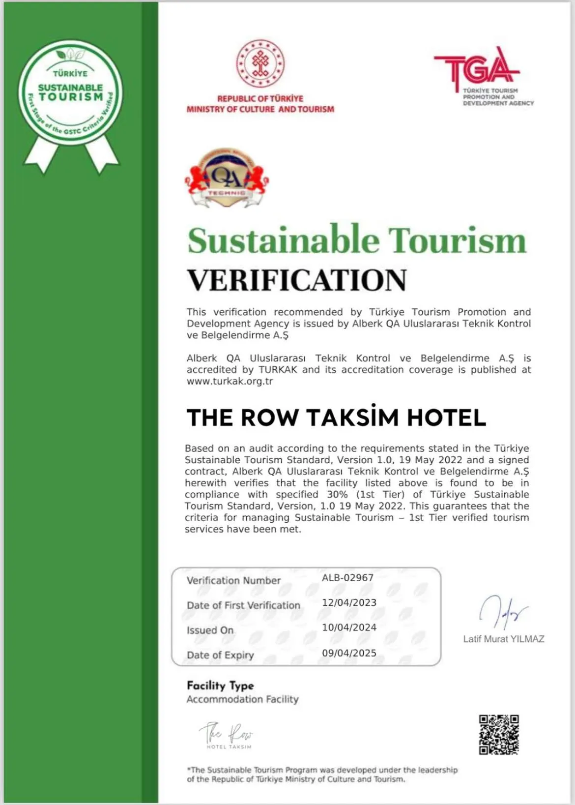 Certificate/Award in The Row Taksim Hotel