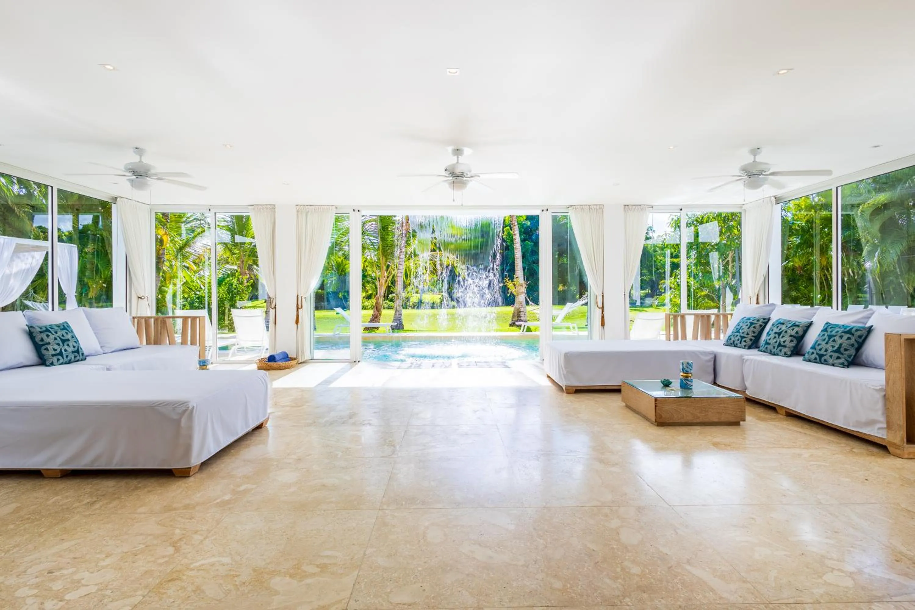 Living room, Bed in Luxury Rentals in Punta Cana - Exclusive Waterfall Villa with Private Pool, BBQ, Maid, Golf