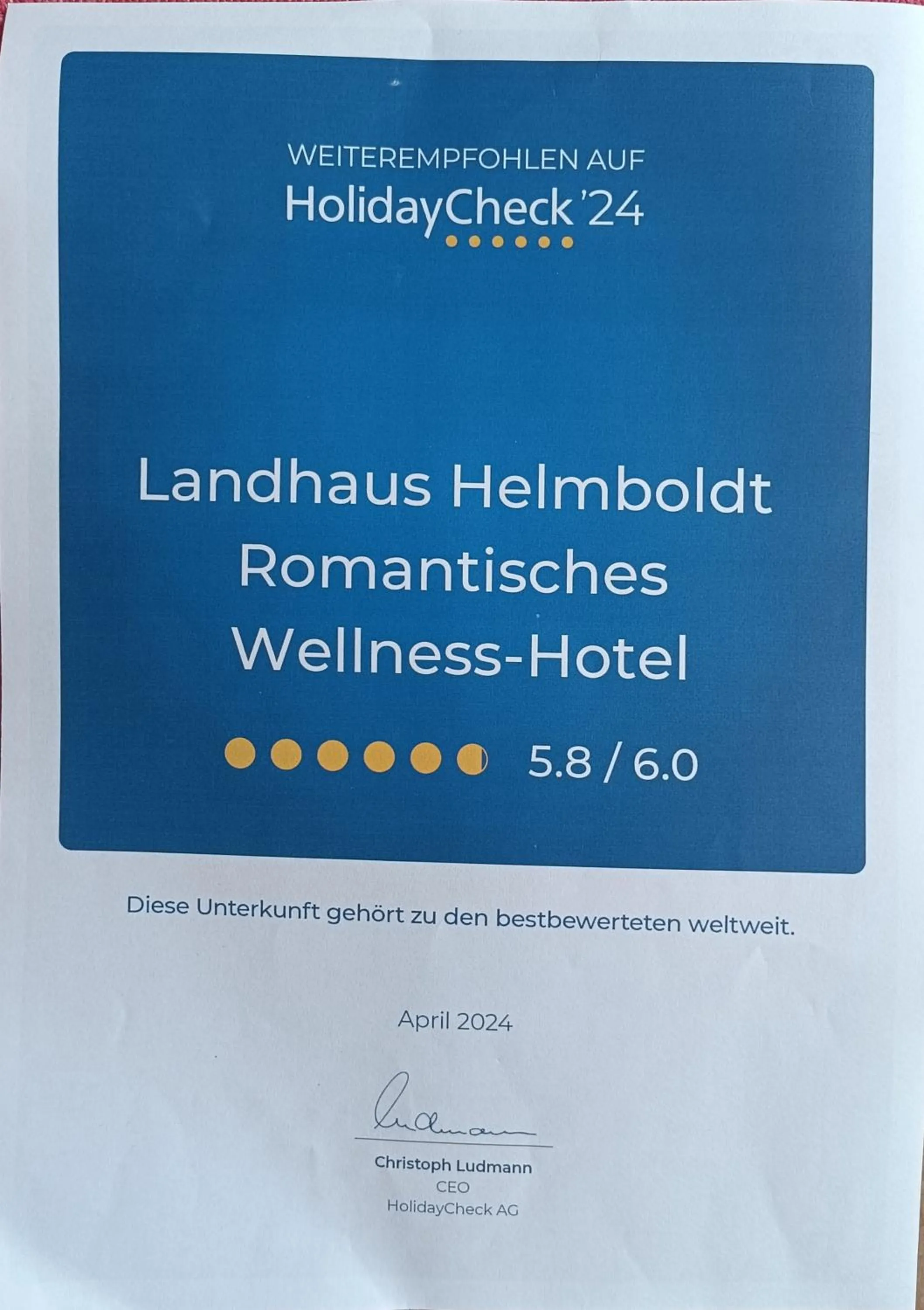 Certificate/Award in Wellness und Romantik Hotel Helmboldt
