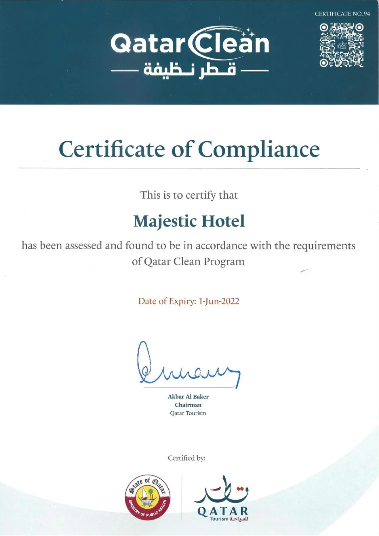 Certificate/Award in Majestic Hotel