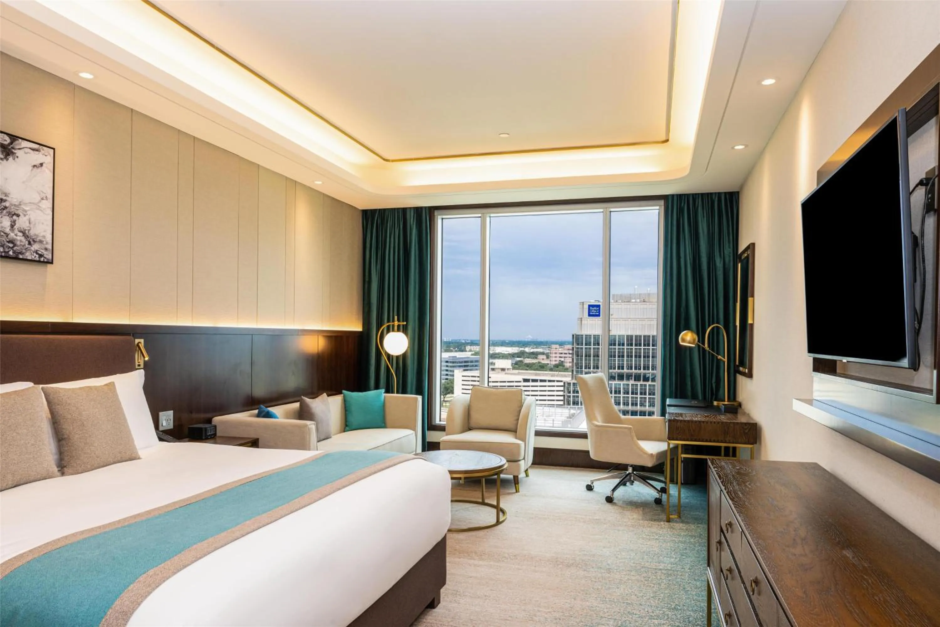 Living room, Bed in Blossom Hotel Houston, Curio Collection by Hilton