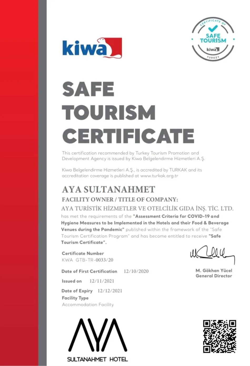 Logo/Certificate/Sign in Aya Sultanahmet Hotel