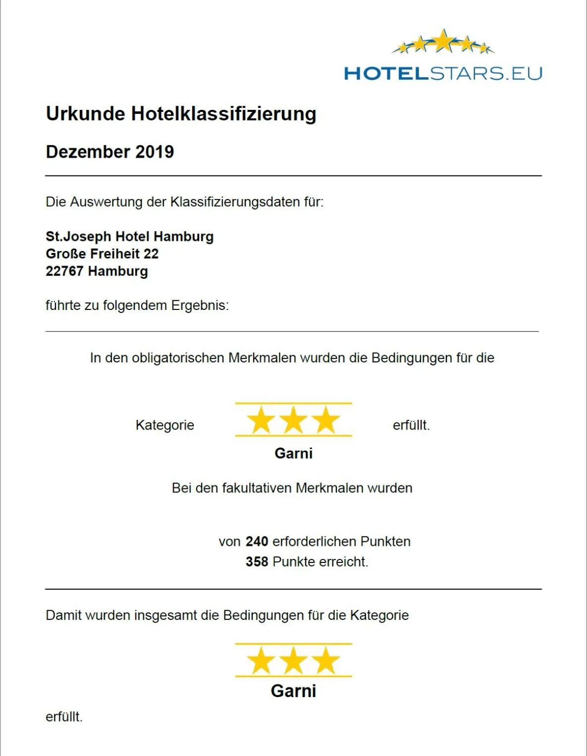 Logo/Certificate/Sign in St.Joseph Hotel Hamburg - Reeperbahn St.Pauli Kiez