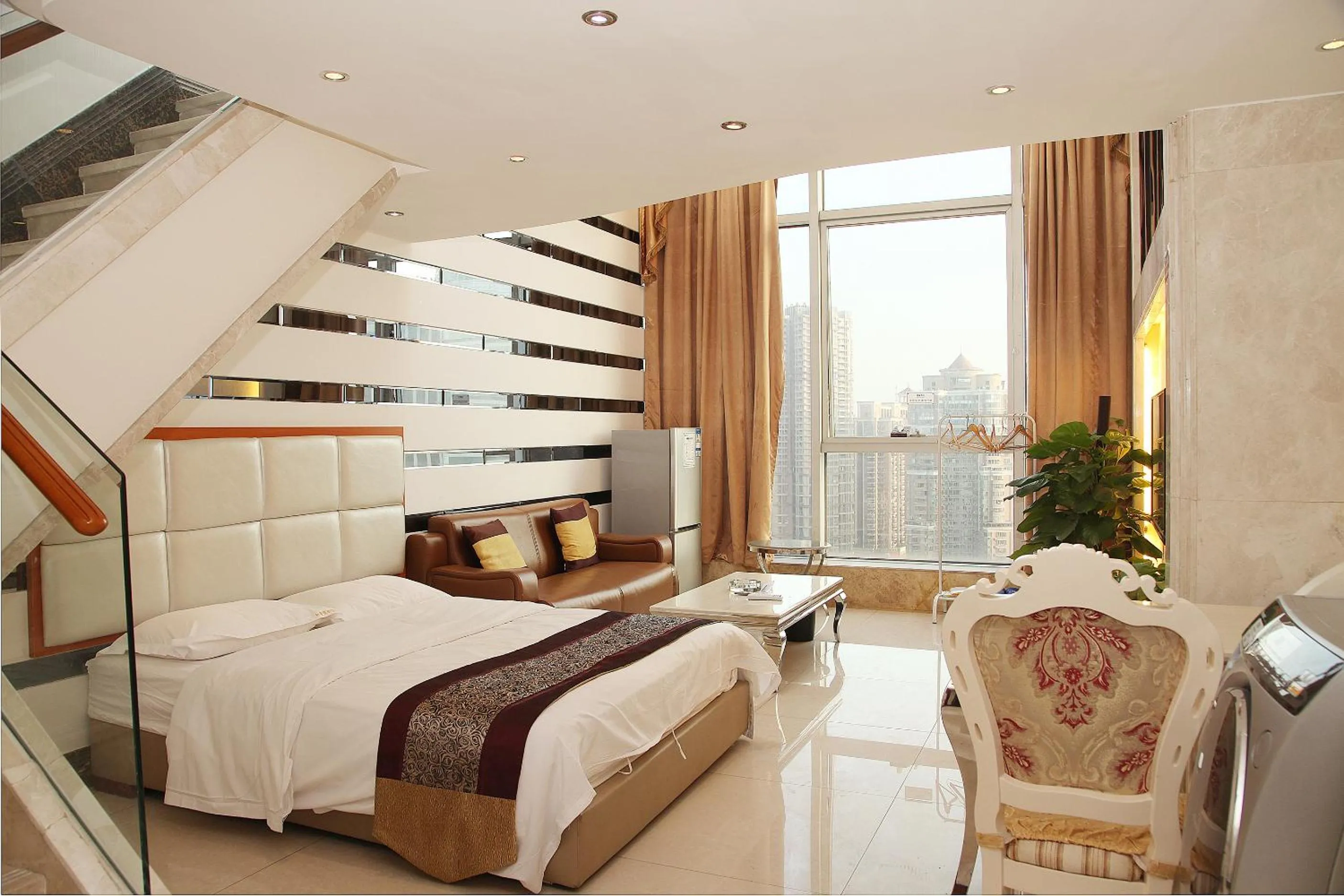 Living room, Bed in Barton International Residence Guangzhou - located in the city center adjacent to Beijing Road Pedestrian Street and Dafo Temple and close to the subway