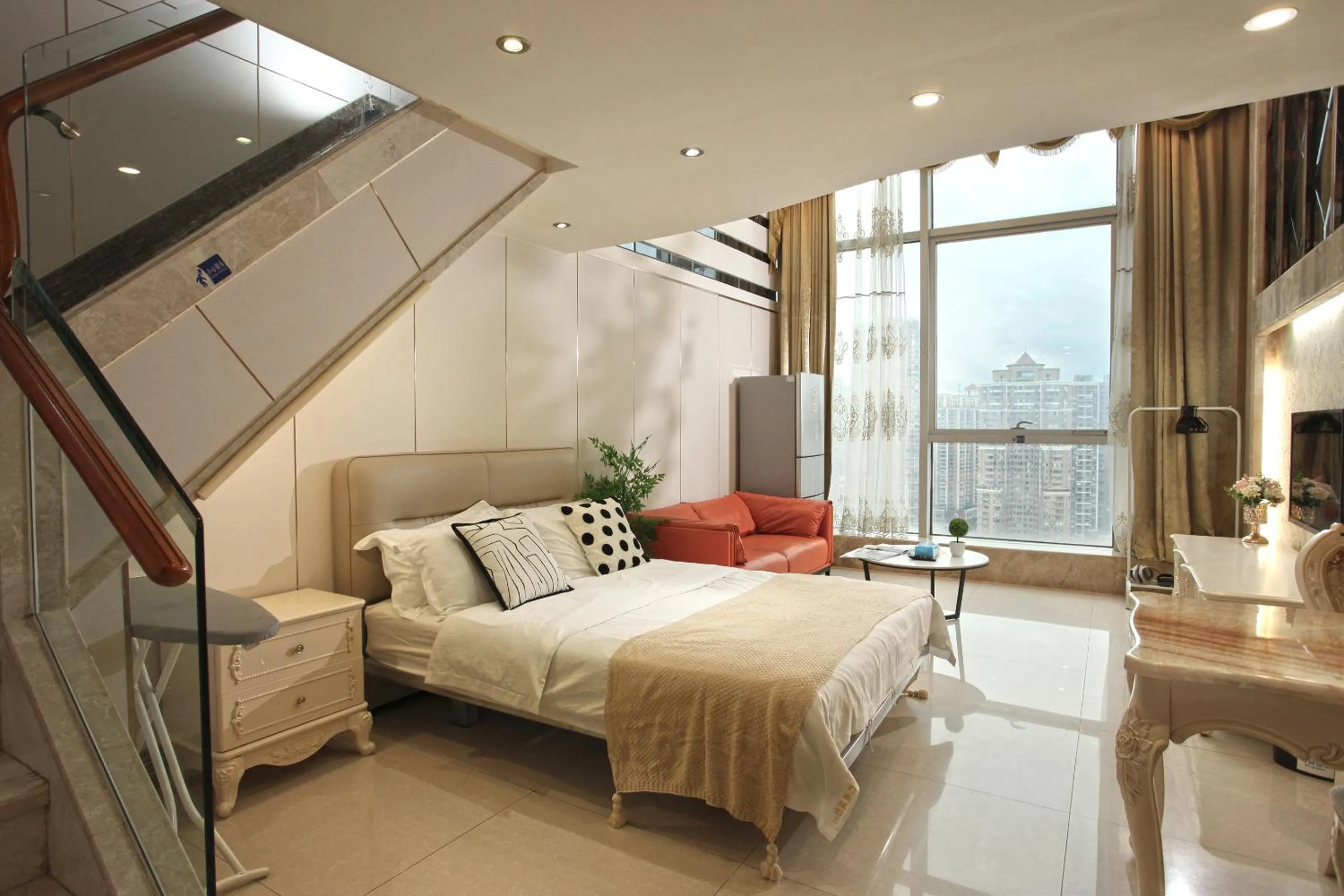 Living room, Bed in Barton International Residence Guangzhou - located in the city center adjacent to Beijing Road Pedestrian Street and Dafo Temple and close to the subway