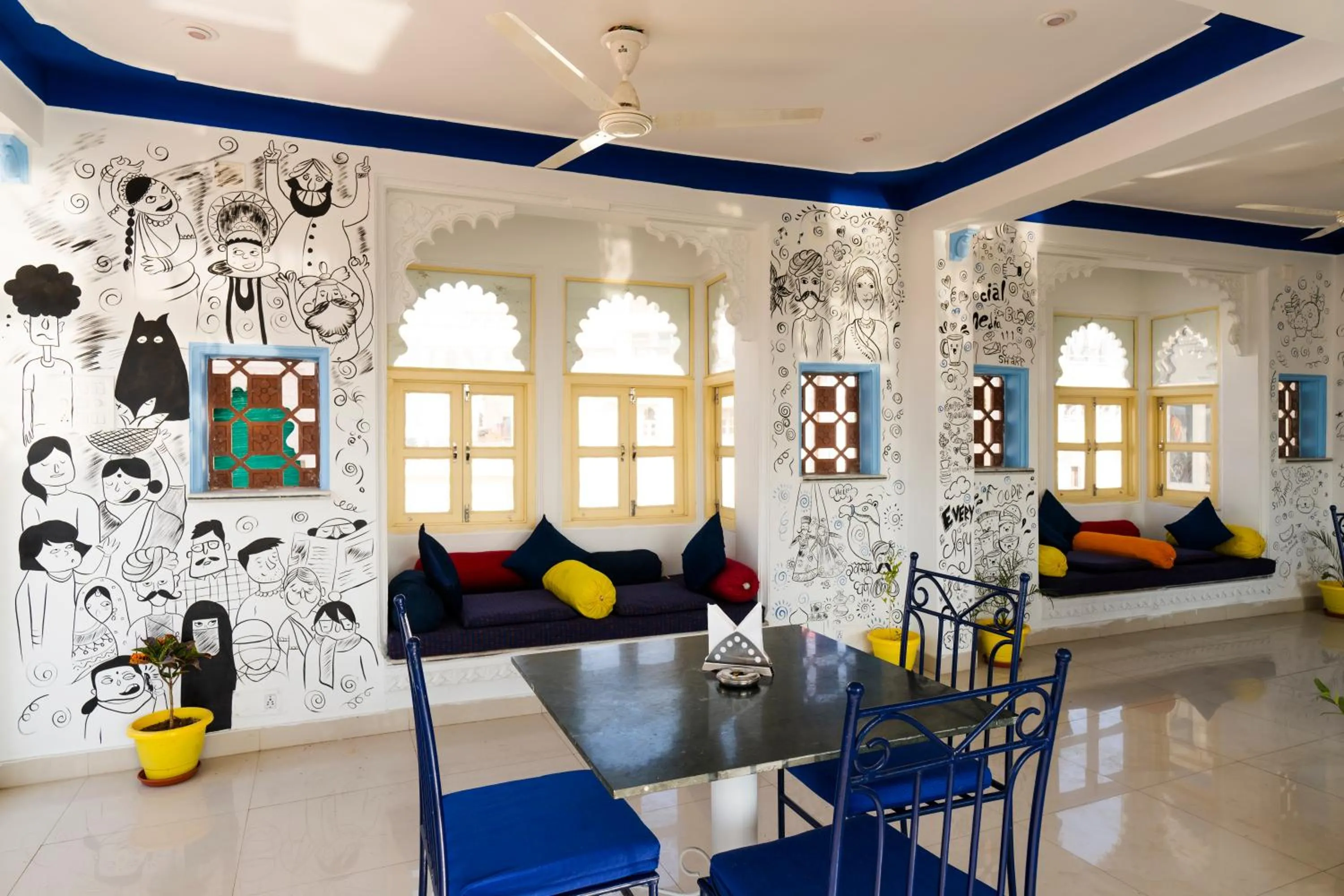 Seating area in Shalom Backpackers Udaipur