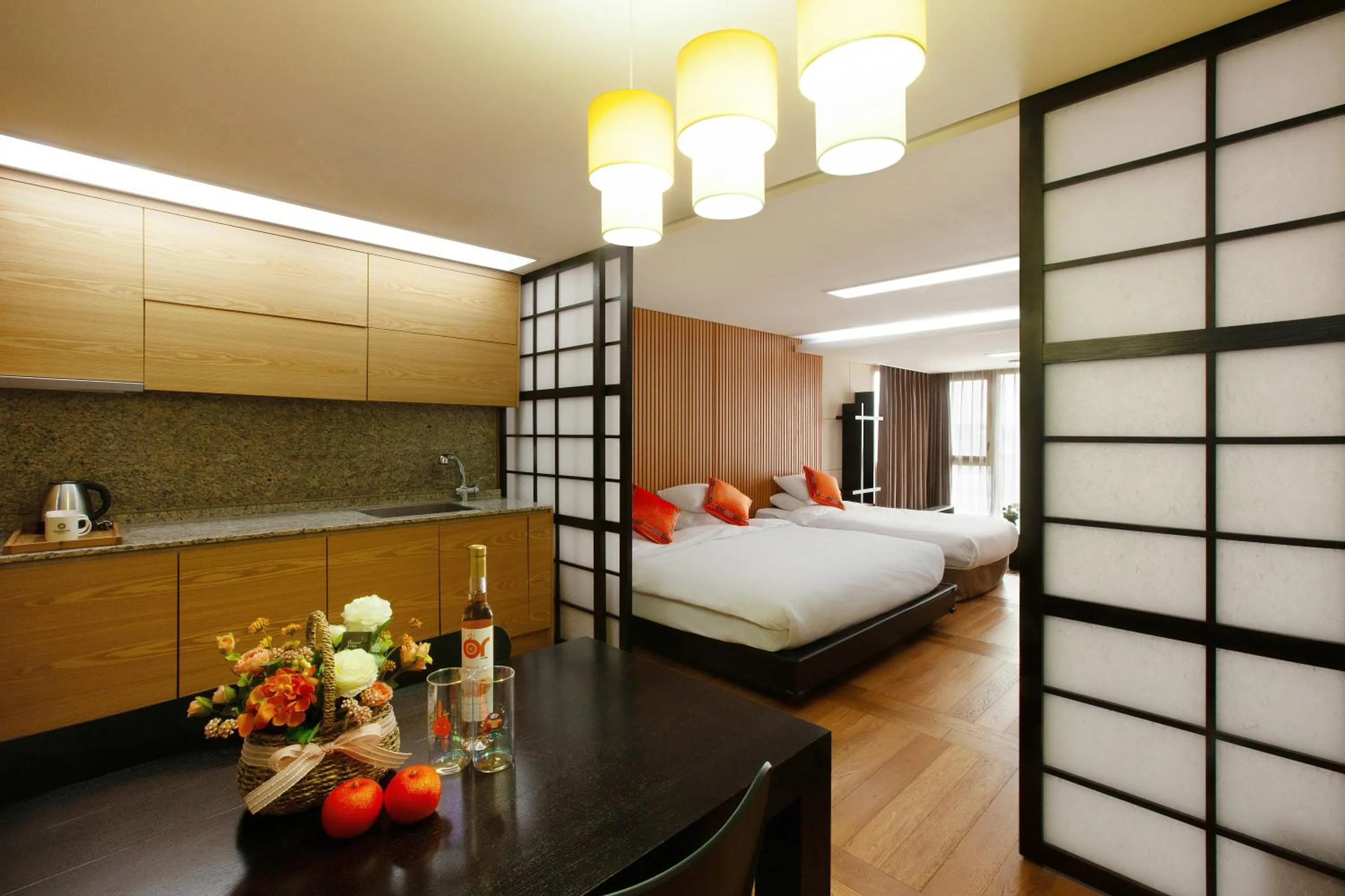 Decorative detail, Bed in Shin Shin Hotel Jeju Ocean