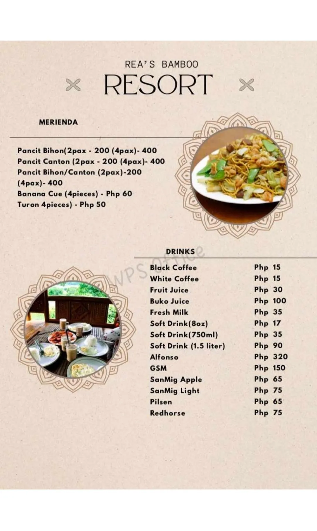 Food and drinks in Rea's Bamboo Resort