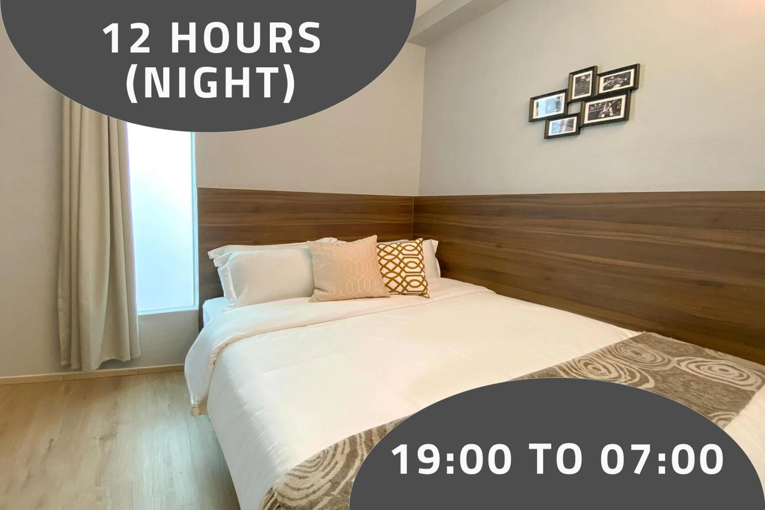 Text overlay, Bed in ST Signature Bugis Beach, SHORT OVERNIGHT, 12 Hours, check in 7PM or 9PM
