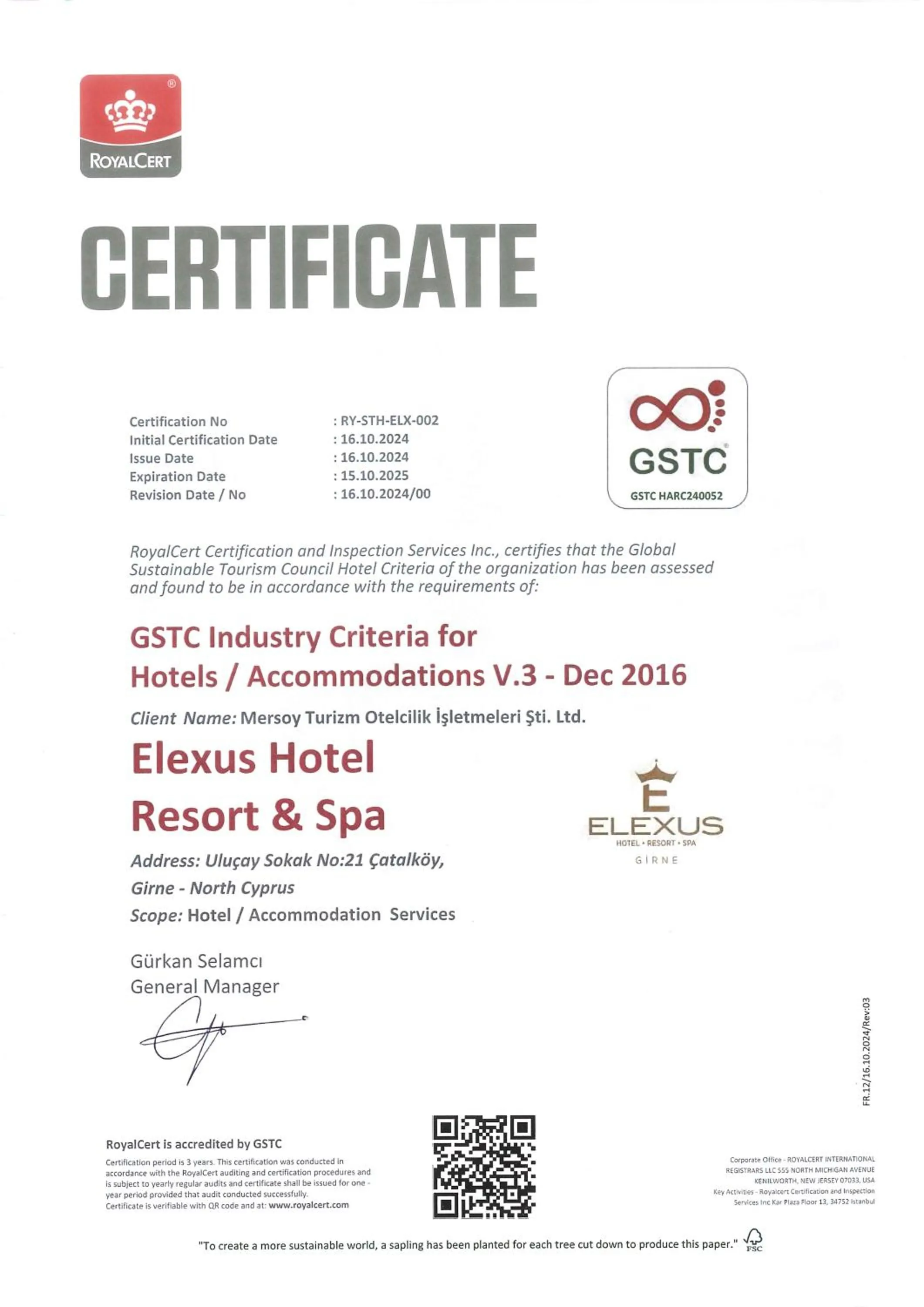 Certificate/Award in Elexus Hotel Resort & Spa & Casino