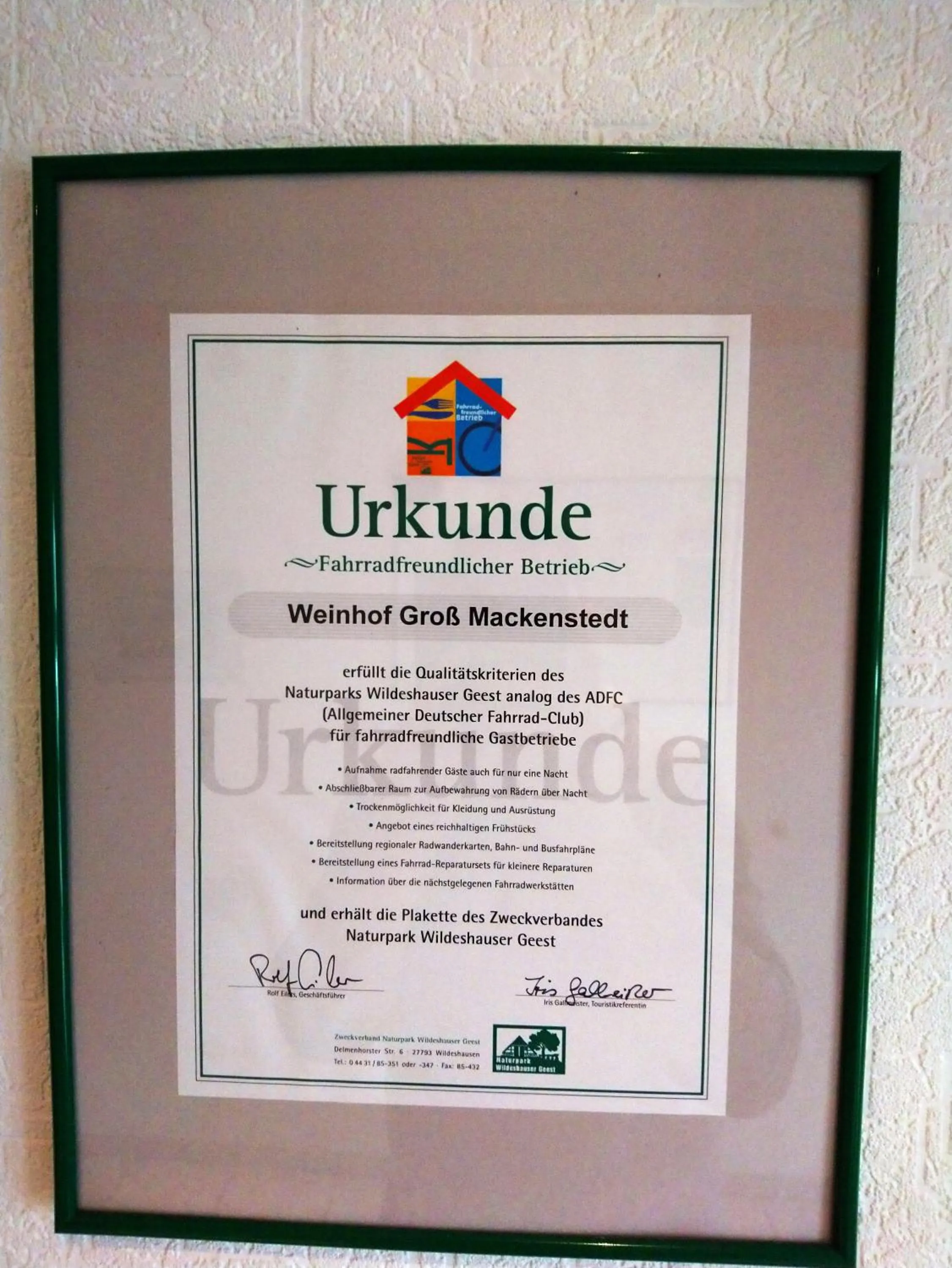 Certificate/Award in Hotel Weinhof Groß Mackenstedt