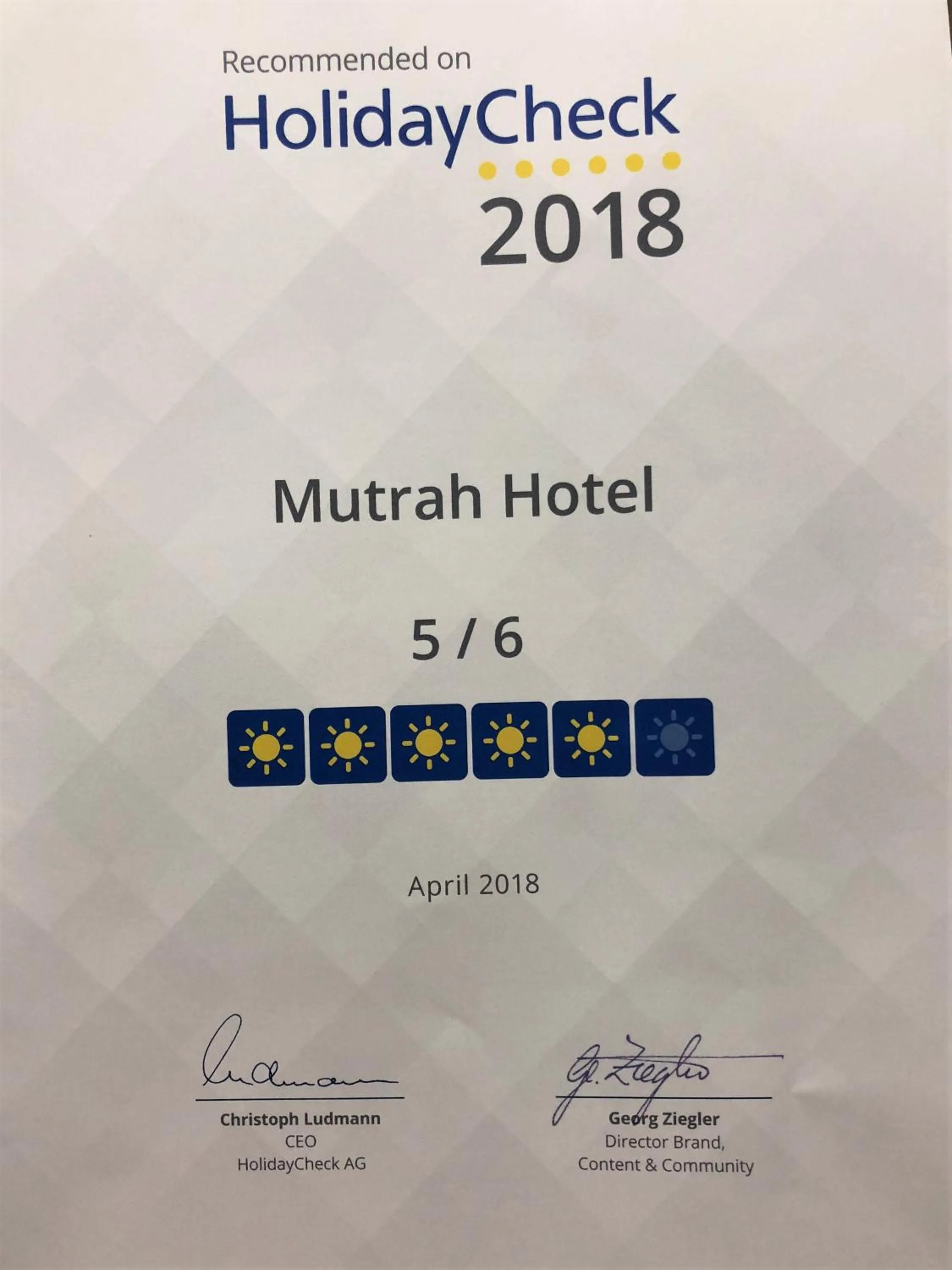 Certificate/Award in Mutrah Hotel