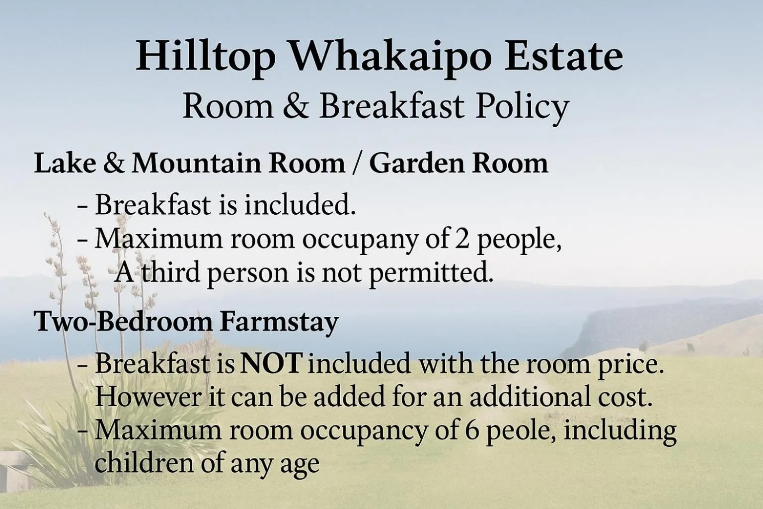 Breakfast in Hilltop Whakaipo Estate