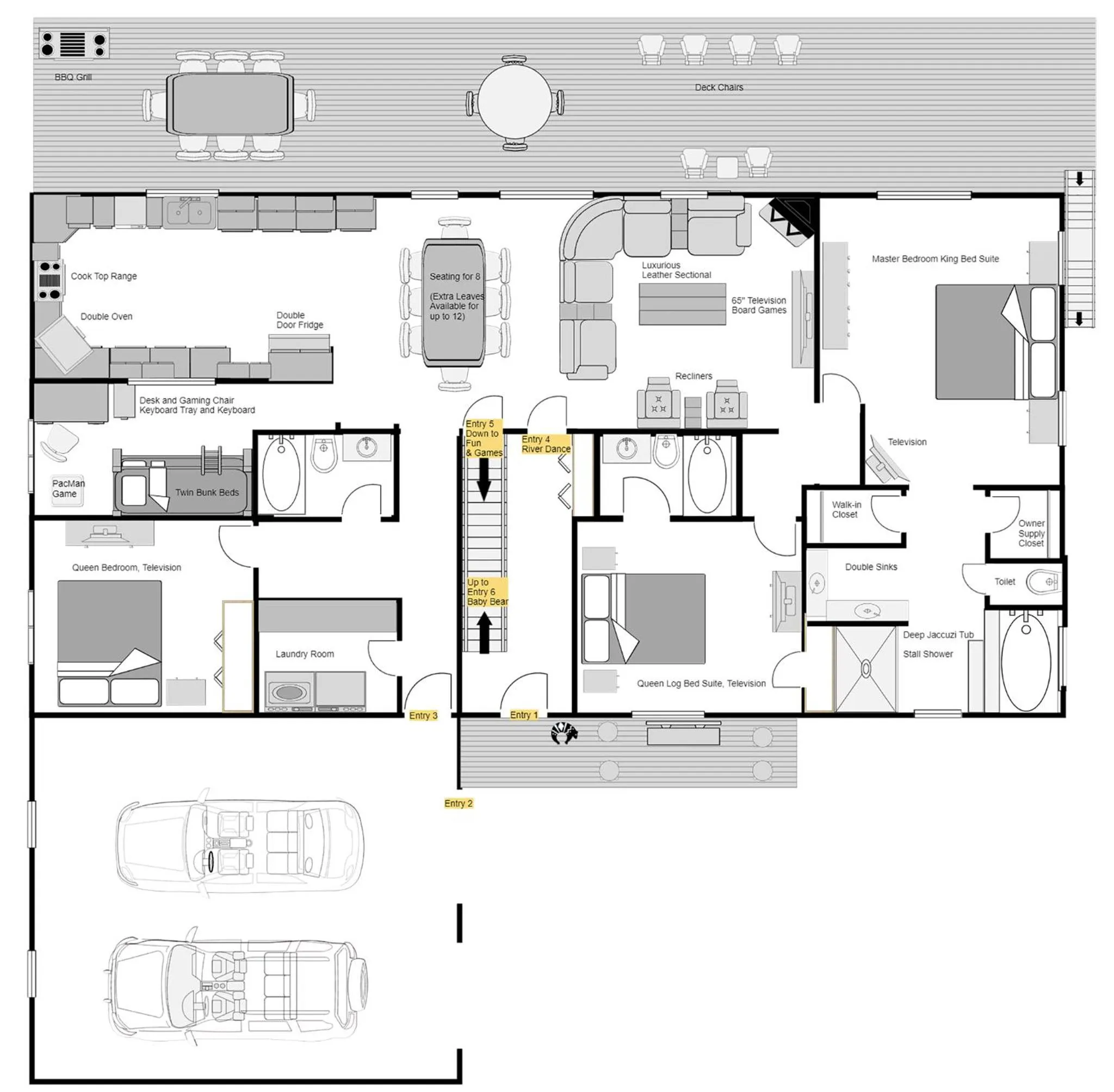 Floor plan in Rustic River Lodge by HoneyBearCabins 7BR 6BA sleeps 21