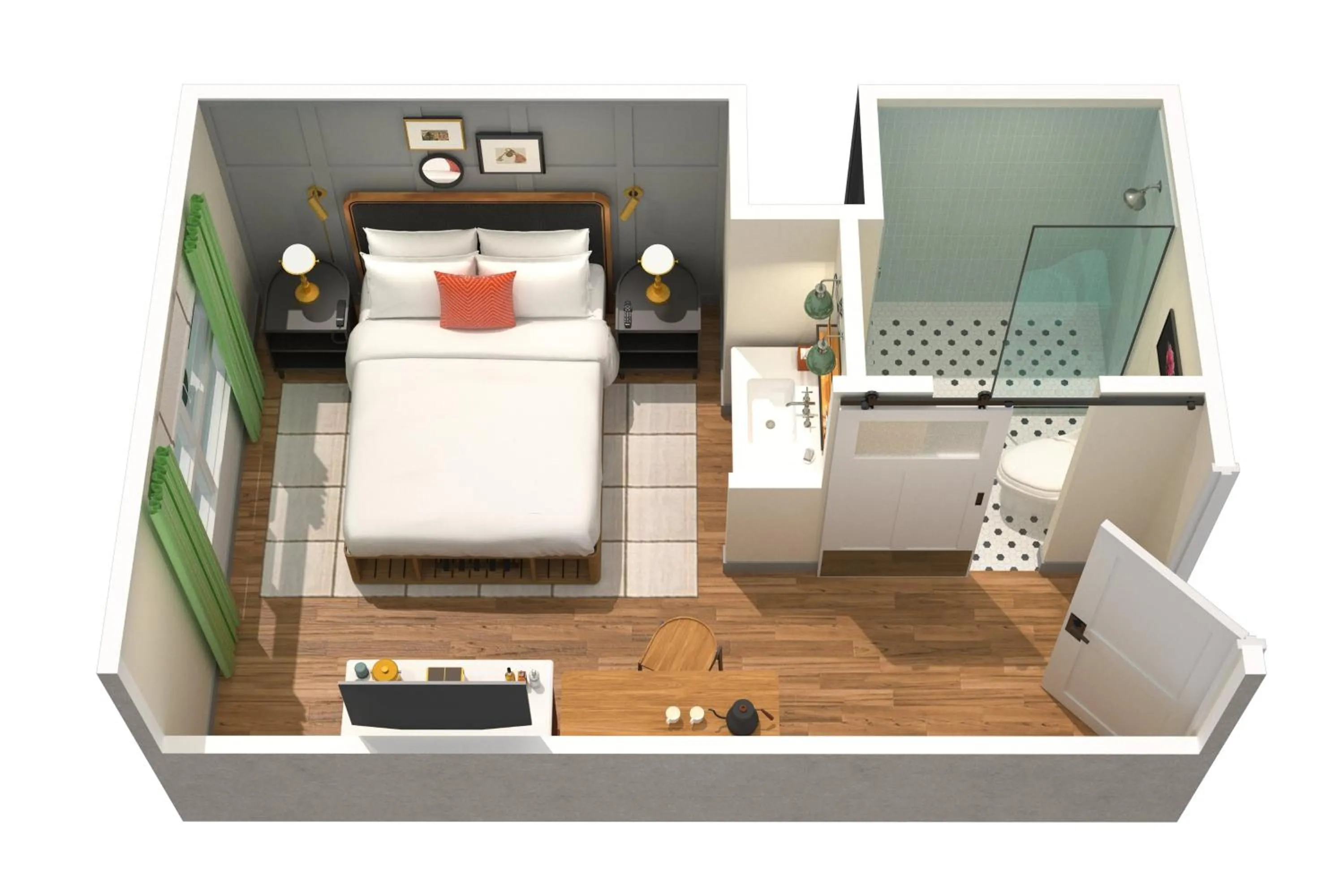 Floor plan, Bed in Wylie Hotel Atlanta, Tapestry Collection by Hilton