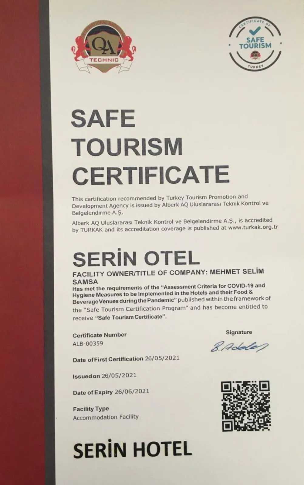 Certificate/Award in SERİN HOTEL