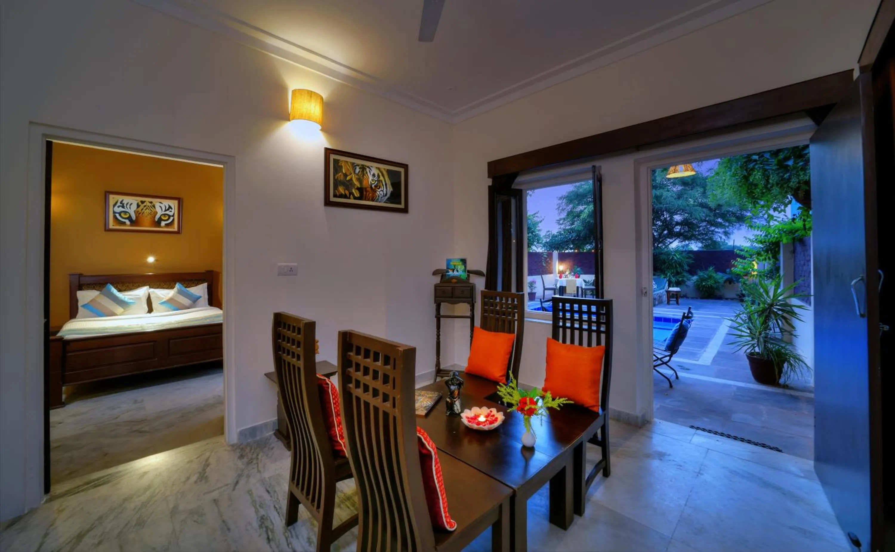 Dining area, Bed in The Pugmark, A Wildlife Resort