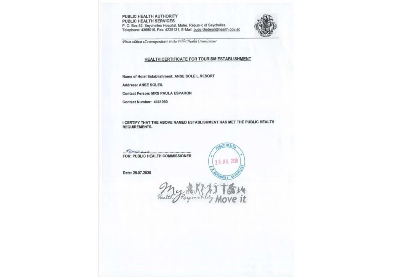 Certificate/Award in Anse Soleil Resort