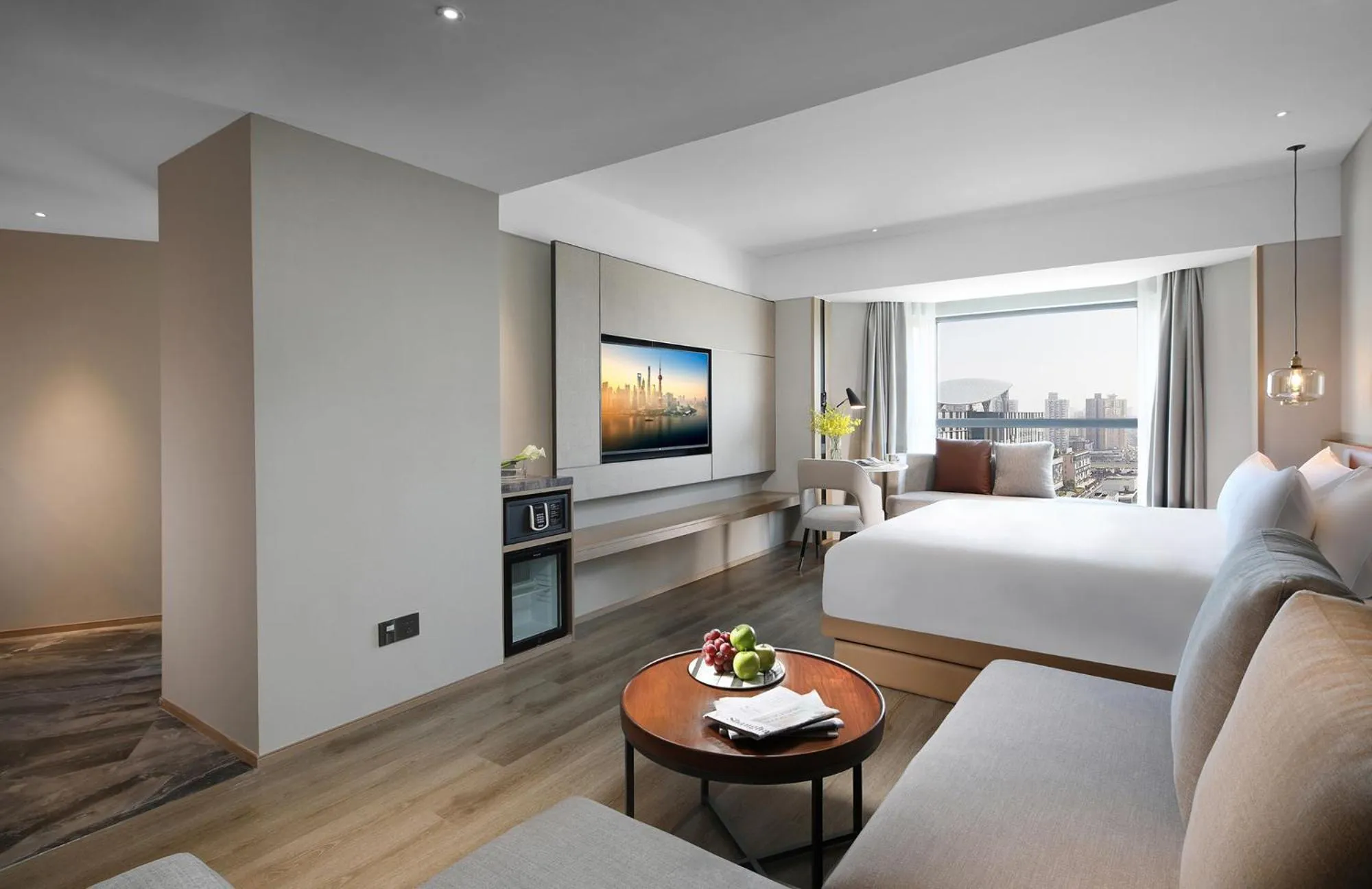 Property building, Bed in Holiday Inn Shanghai Huaxia by IHG - overlooking city scenery at Sky View Restaurant