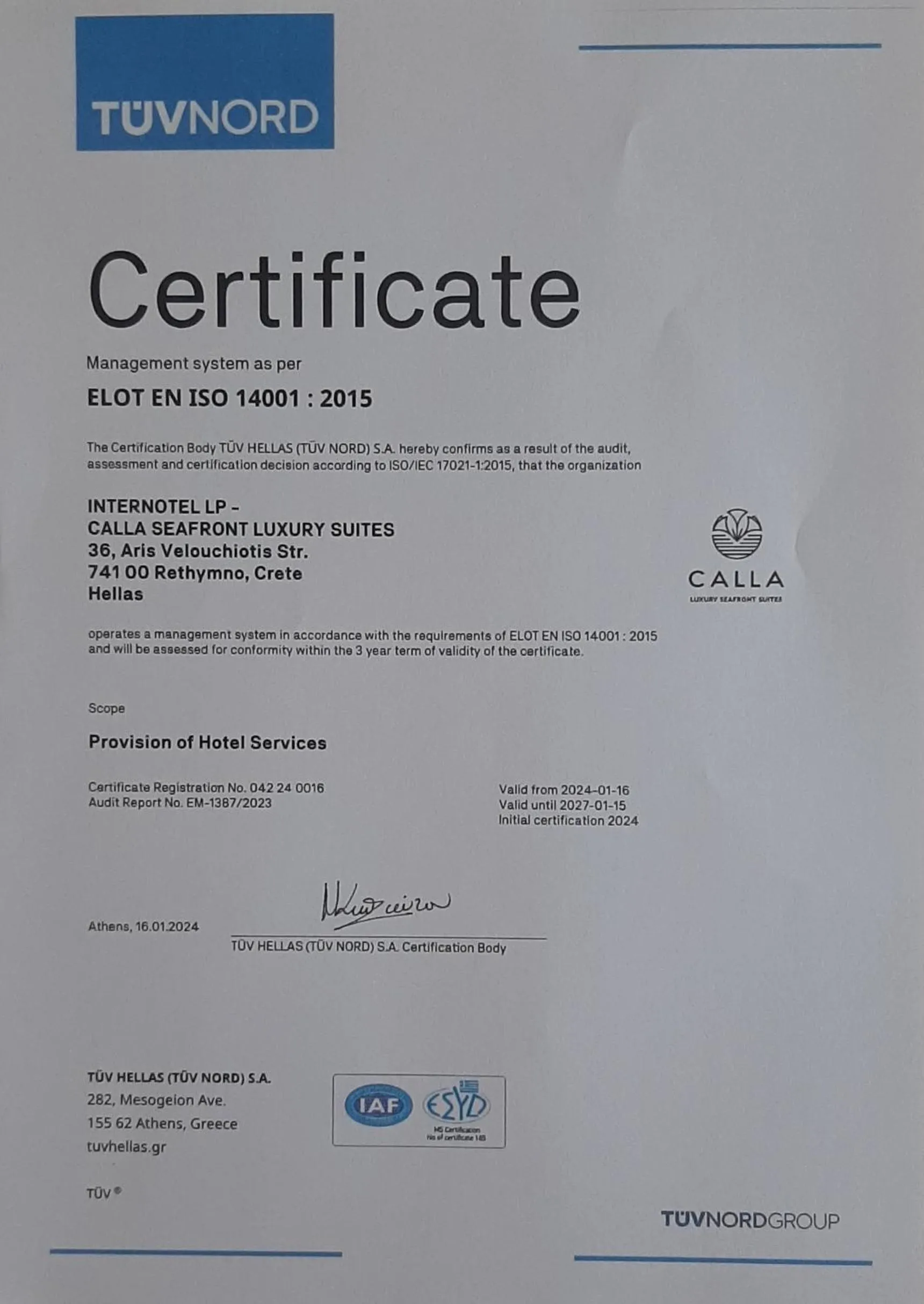 Logo/Certificate/Sign in Calla Luxury Seafront Suites