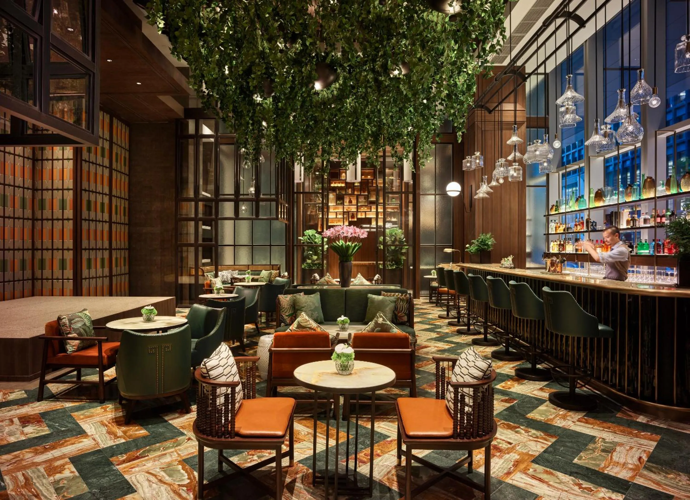 Lounge or bar in Shangri-La Qiantan, Shanghai - Steps away from the Oriental Sports Center, and easy reach the vibrant art scene of West Bund