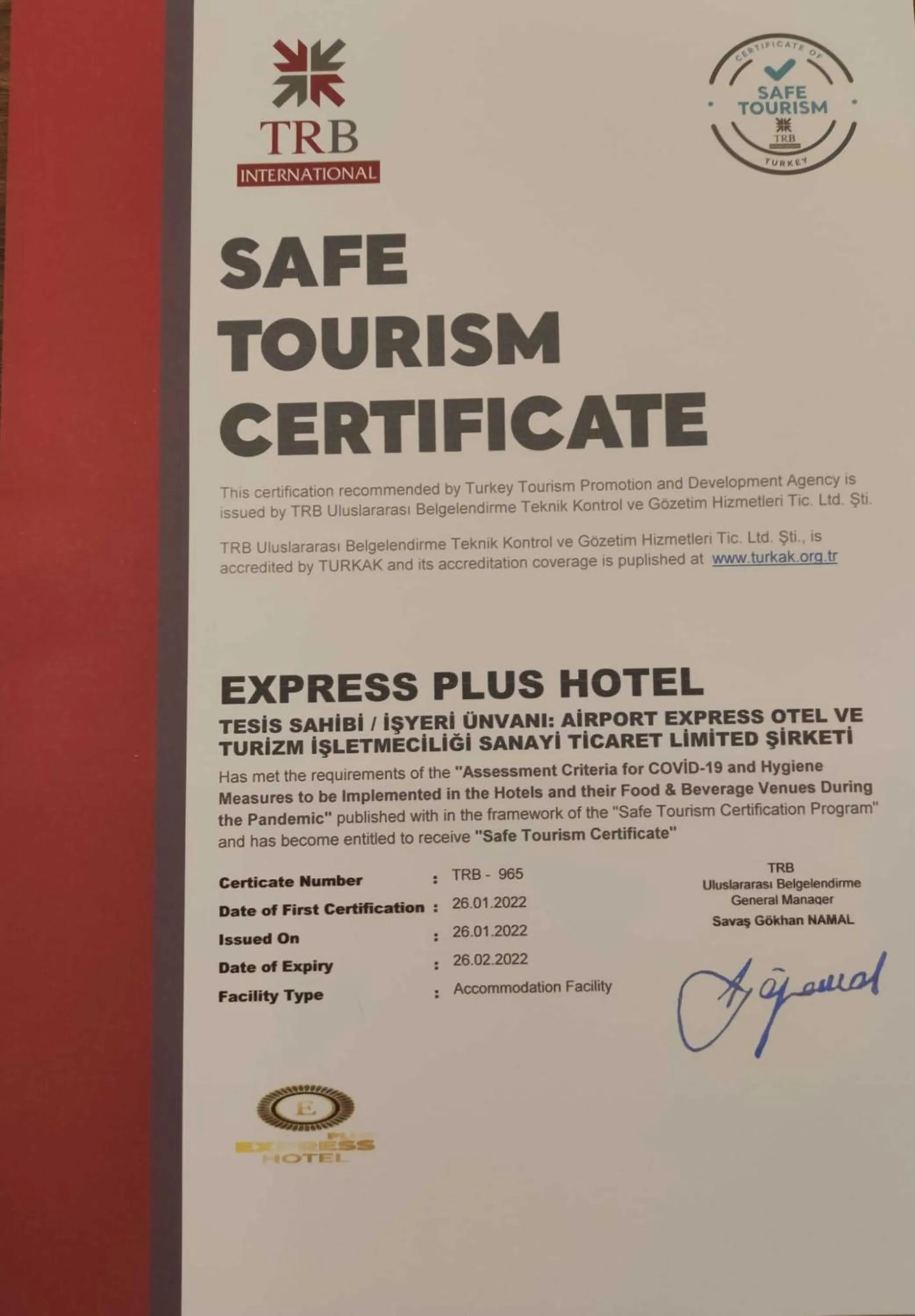 Certificate/Award in Express Plus Hotel