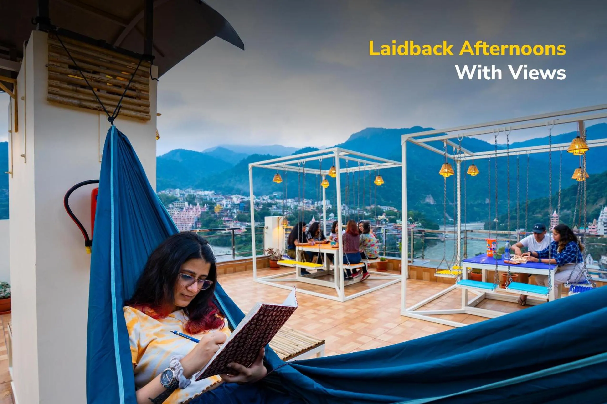 Seating area in goSTOPS Rishikesh, Lakshman Jhula
