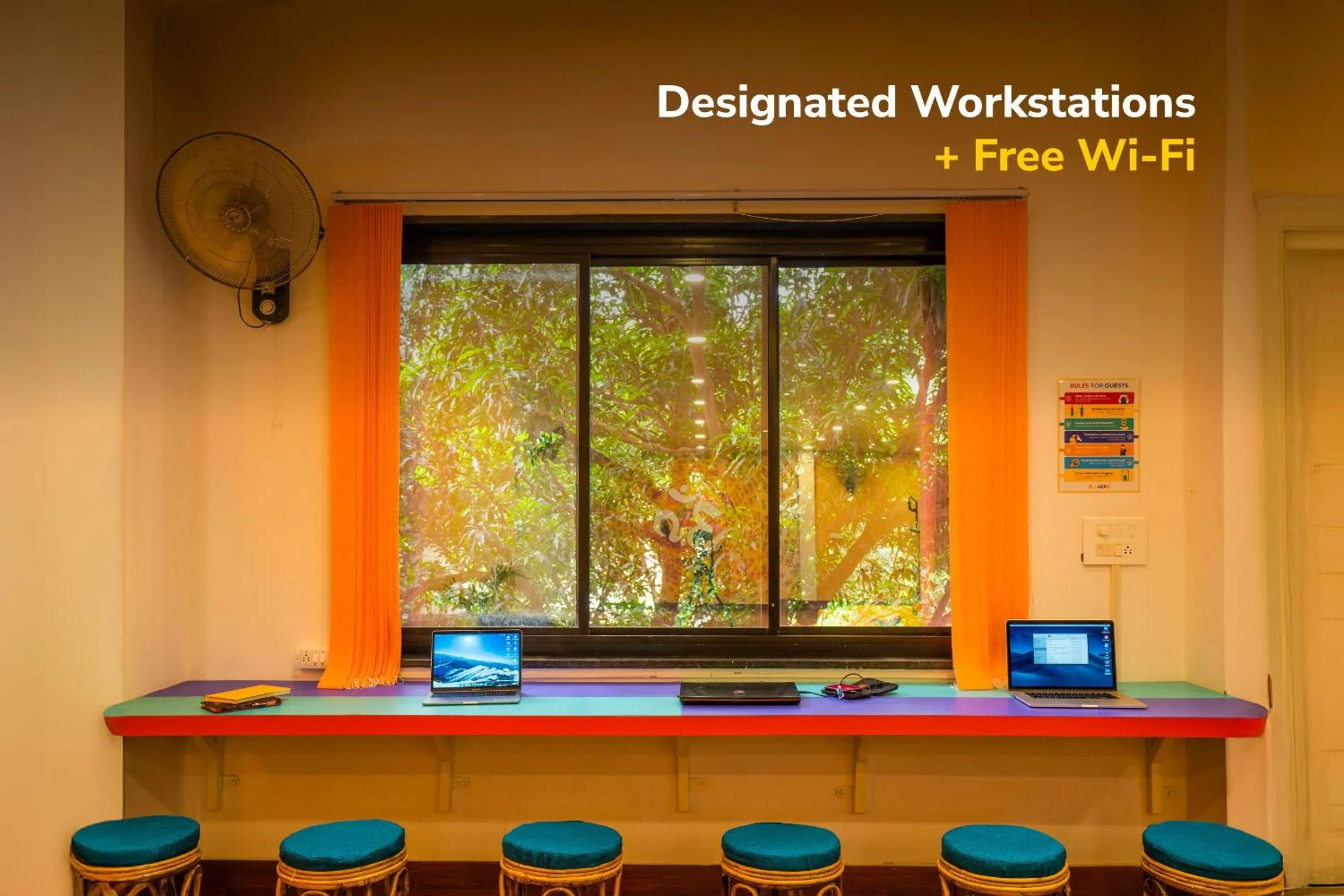 Seating area in goSTOPS Rishikesh, Lakshman Jhula