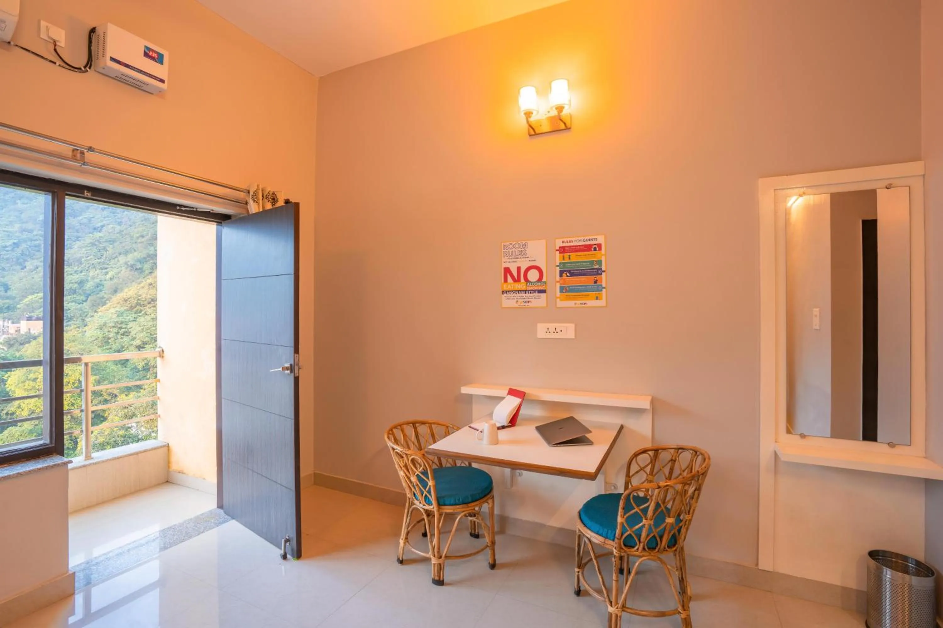 Seating area in goSTOPS Rishikesh, Lakshman Jhula