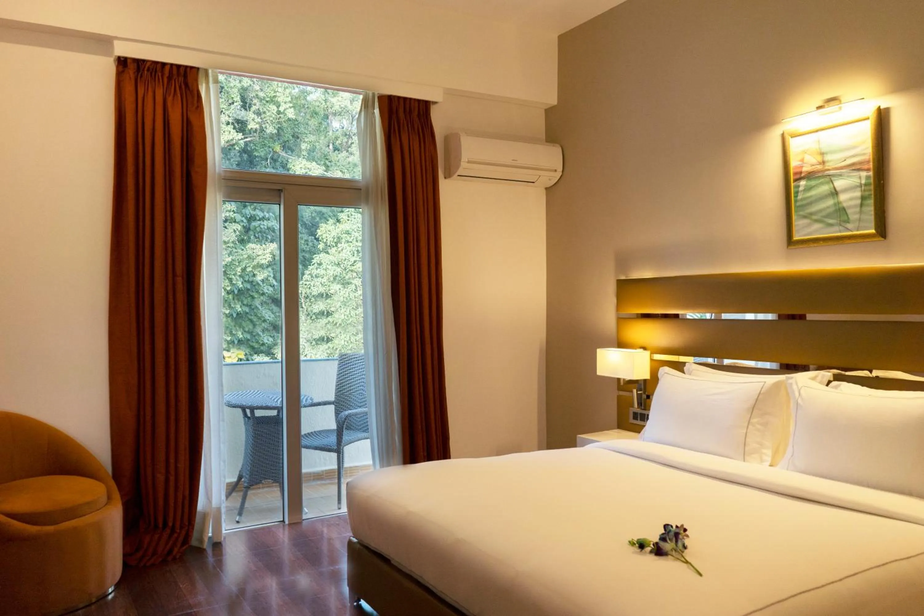 View (from property/room), Bed in Country Inn Tarika Riverside Resort Jim Corbett