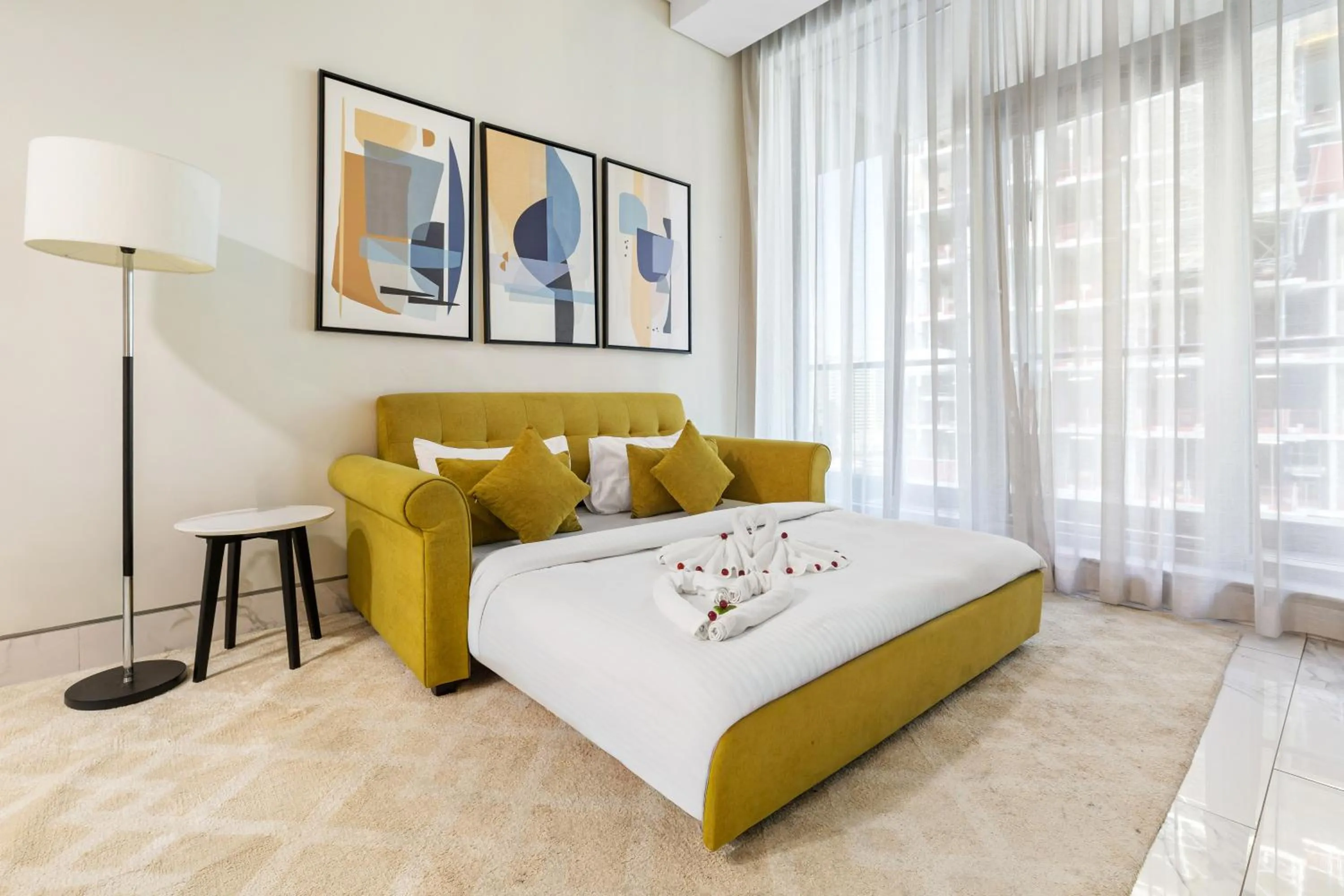 Living room, Bed in Unlock J One Downtown Dubai