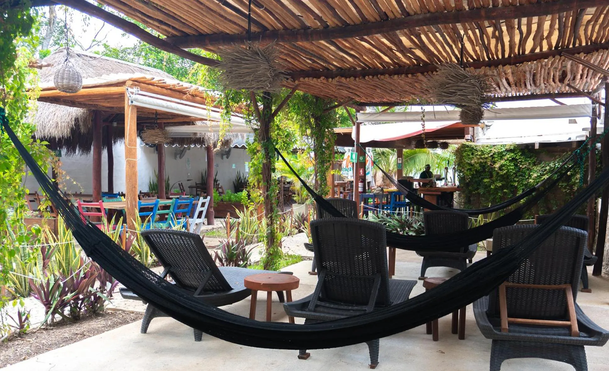 Seating area in El Búho Lagoon Bacalar