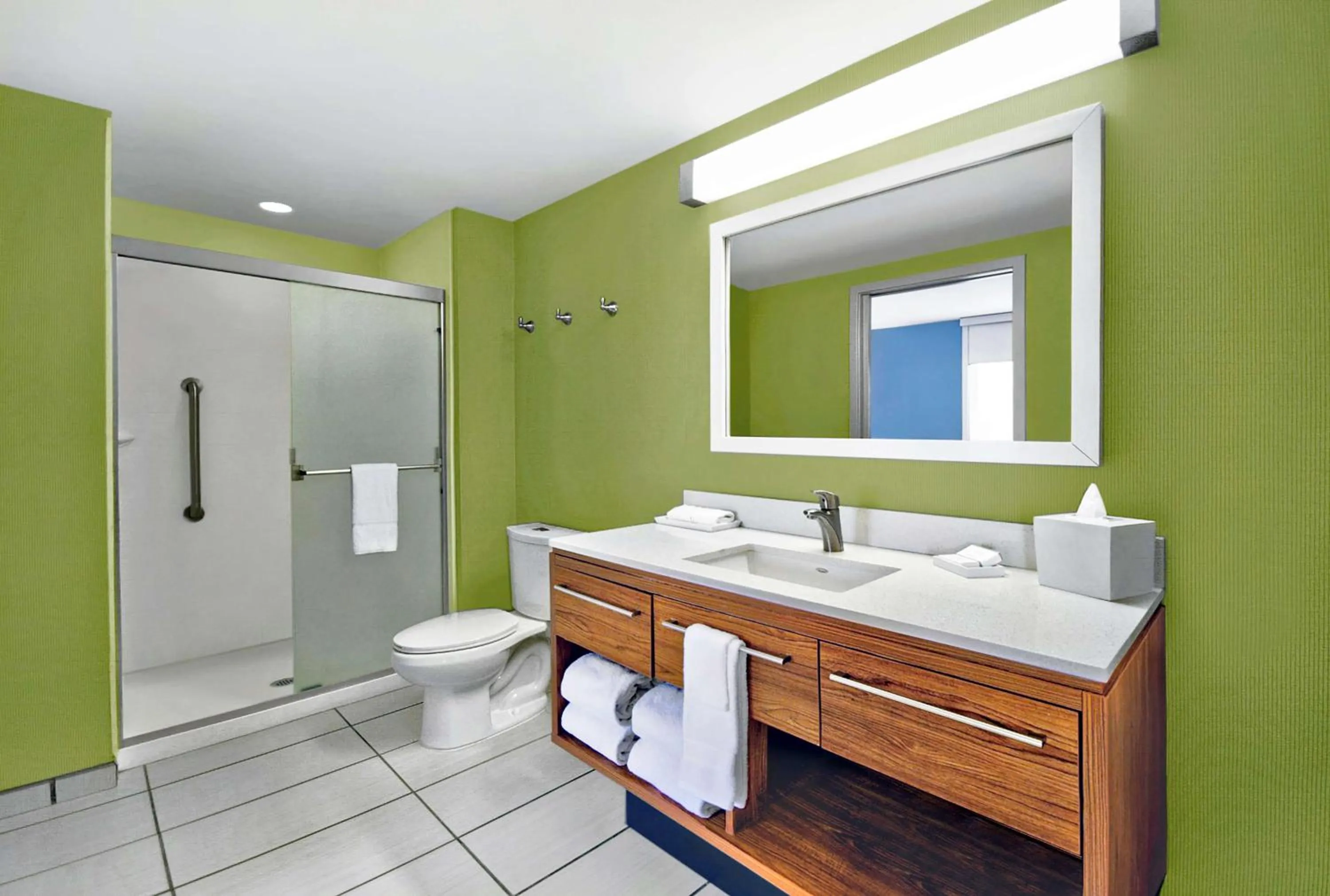 Bathroom, Bed in Home2 Suites by Hilton Rochester Henrietta, NY