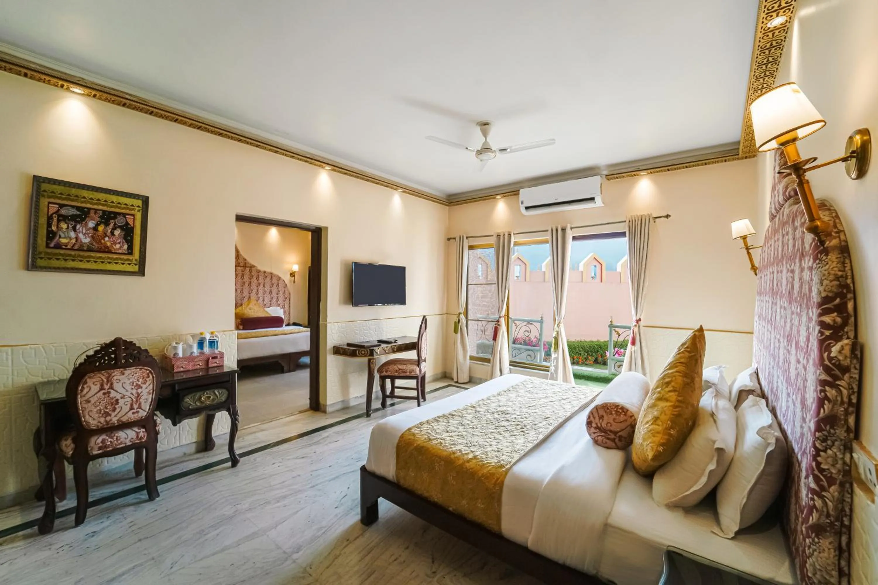 Photo of the whole room, Bed in The Neeraj Ganga Heritage Palace