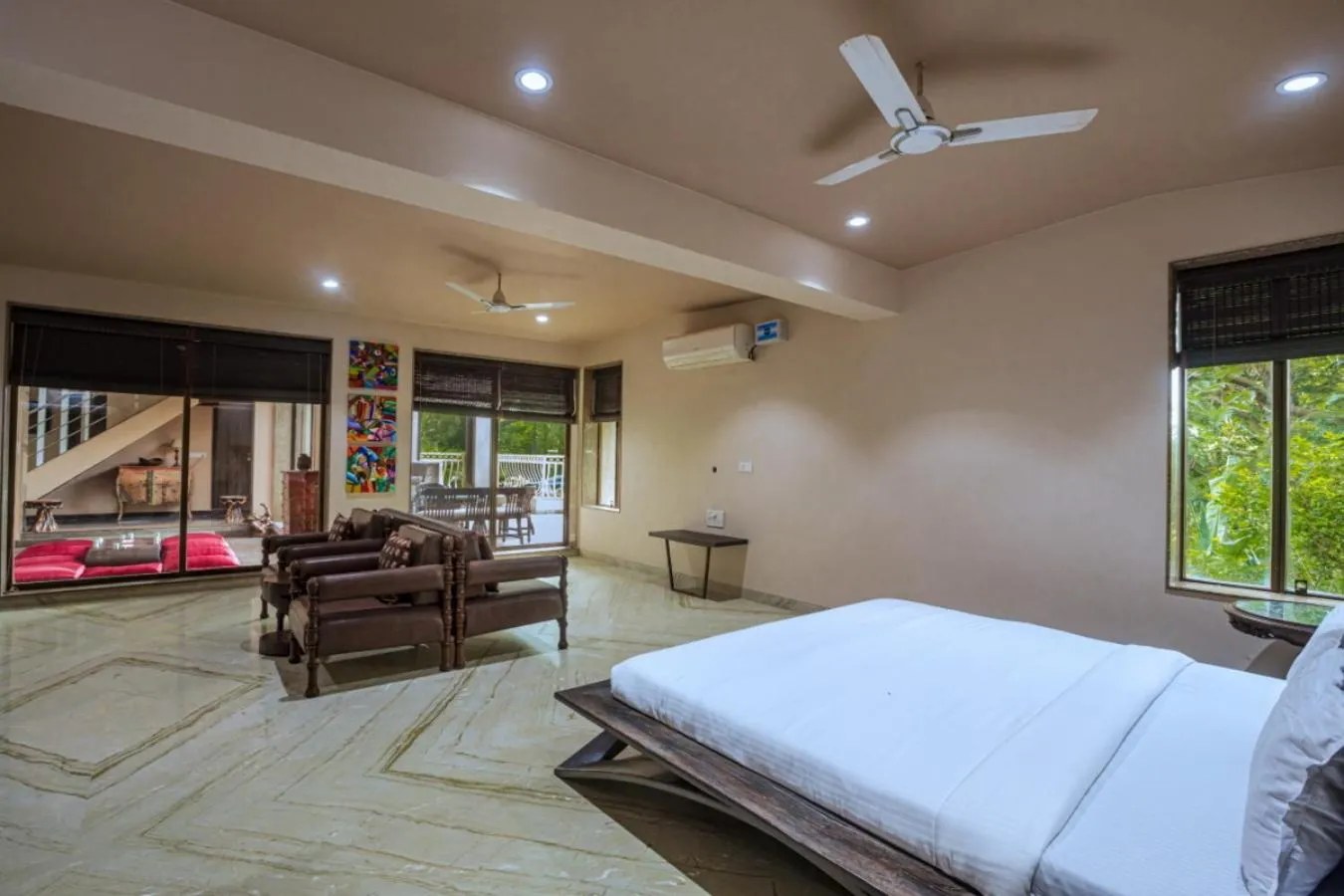 Bed in SaffronStays Aura - 4BR luxury pool villa with gym, BBQ deck, lawns & indoor games near Kihim Beach