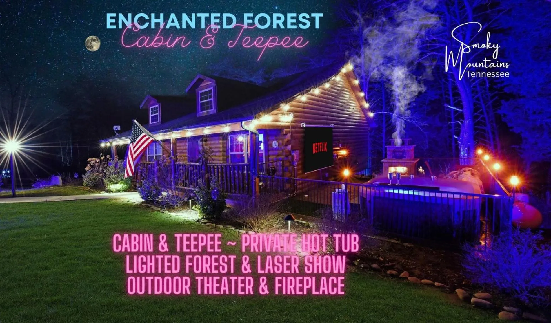 Enchanted Forest Cabin And Teepee! Lights & Laser Show! Private Hot Tub! Unique Stay!