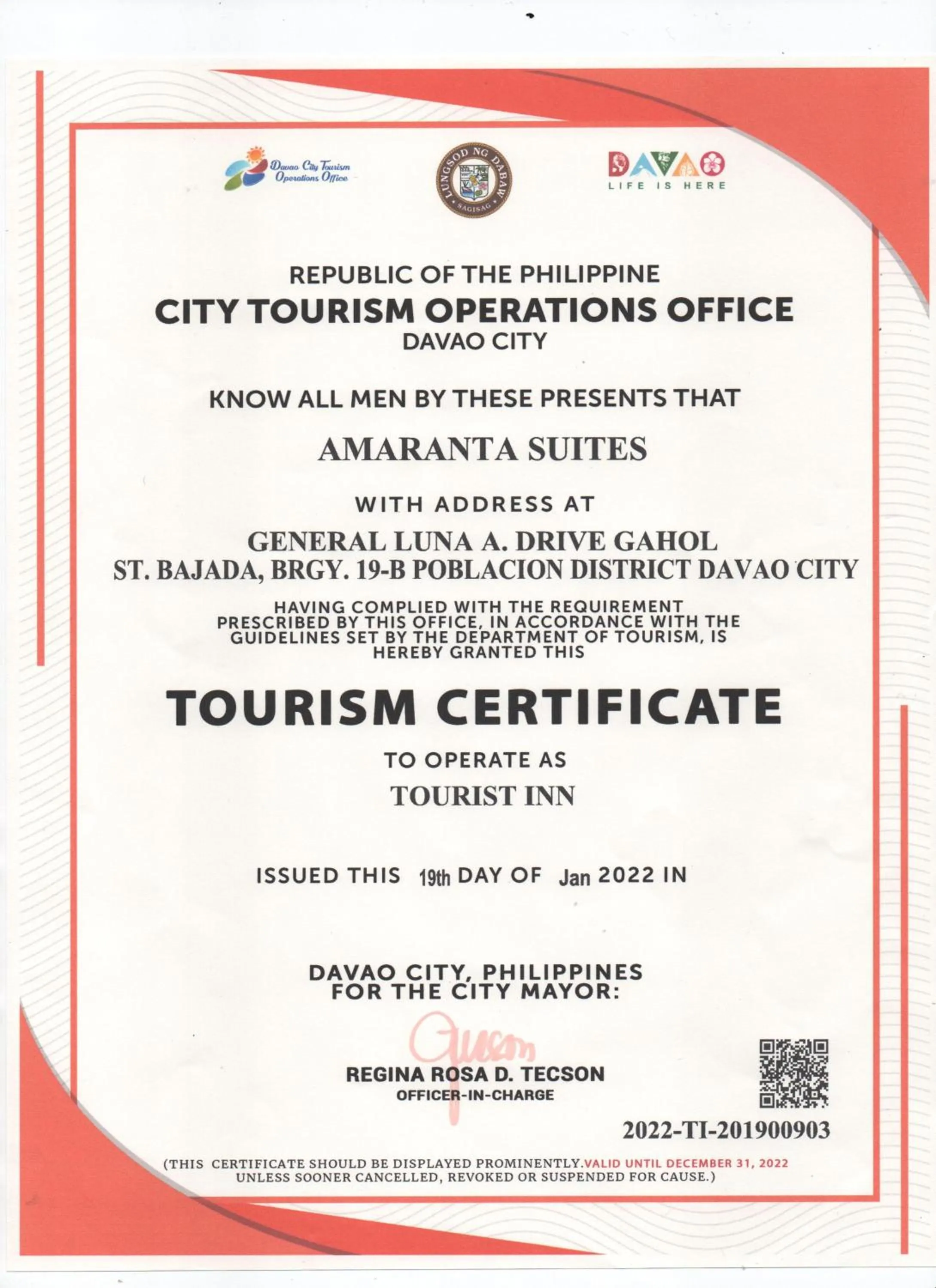 Certificate/Award in AMARANTA SUITES