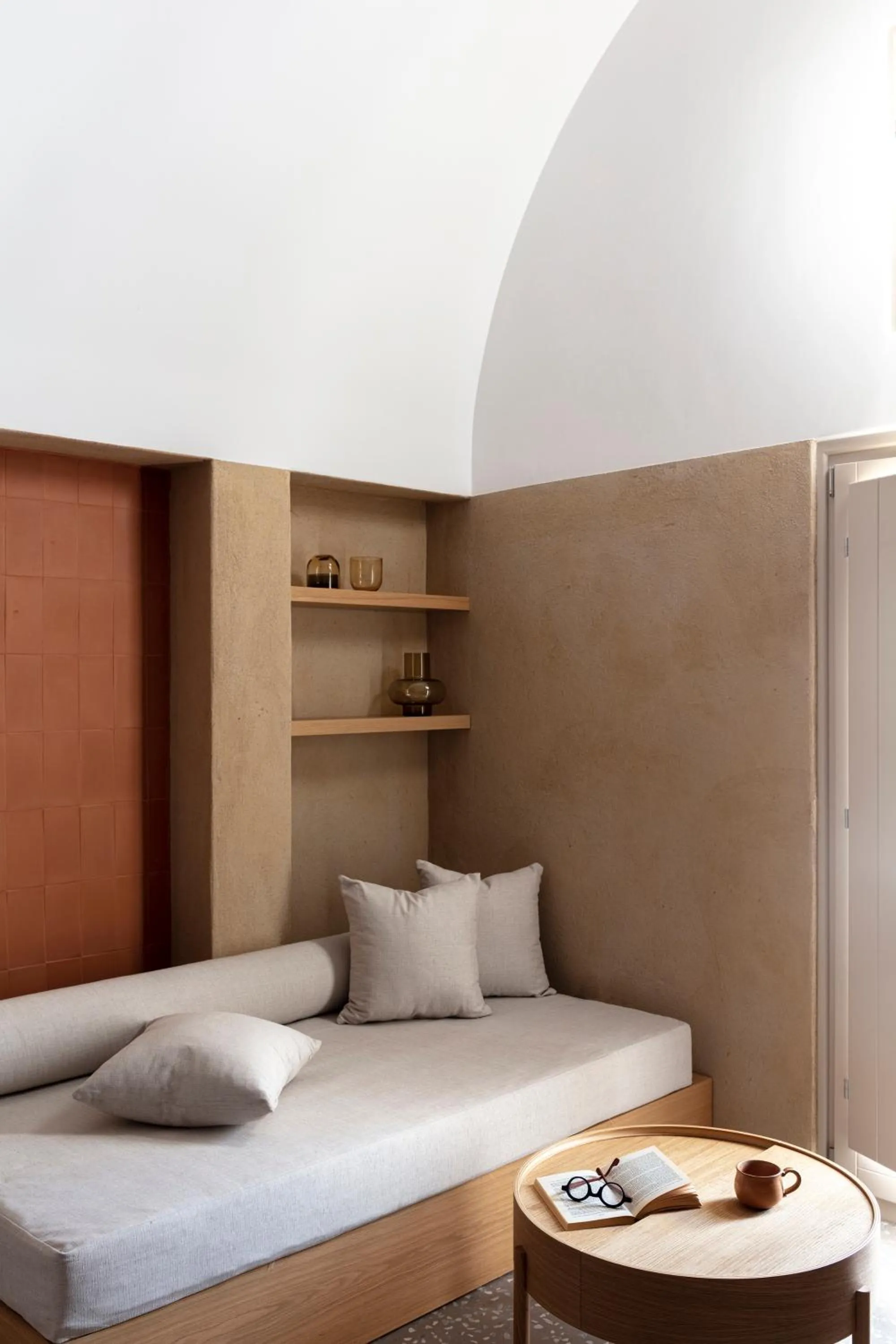 Seating area, Bed in Ethos Vegan Suites Fira, Santorini