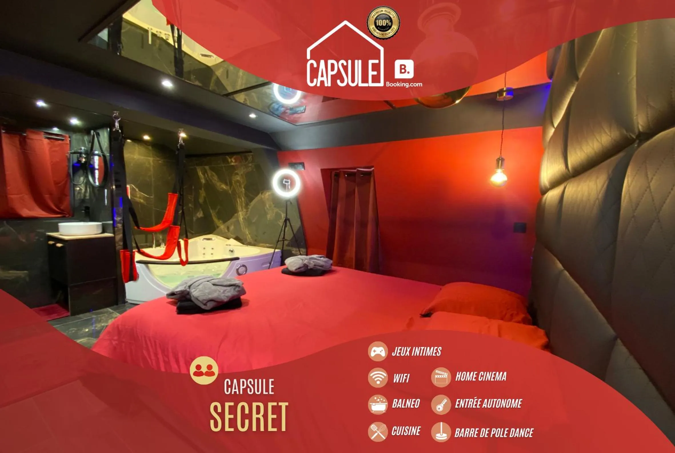 Bed in Capsule Secret - Jacuzzi - Netflix & Home cinéma - Jeux de couple - Barre de pole dance