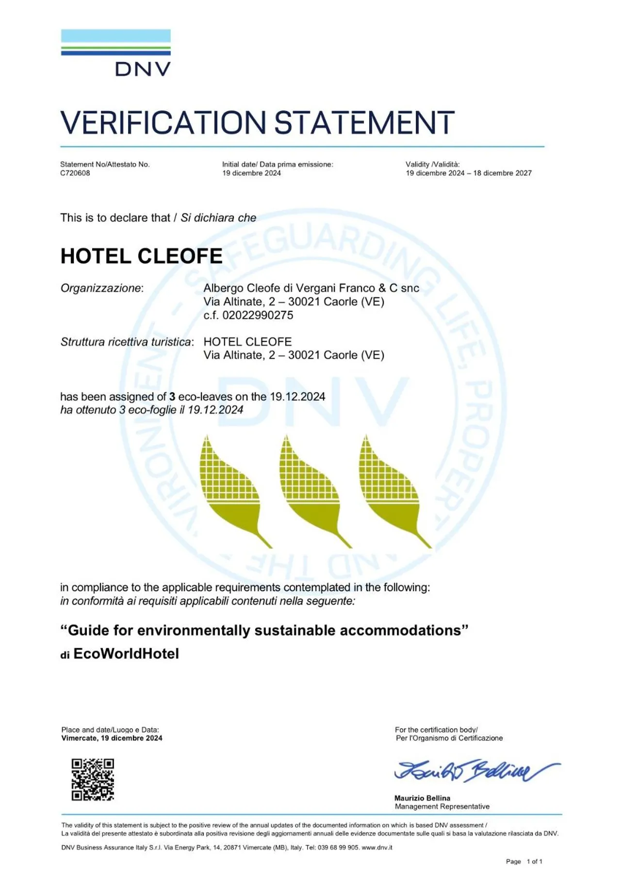 Logo/Certificate/Sign in Eco Hotel Cleofe