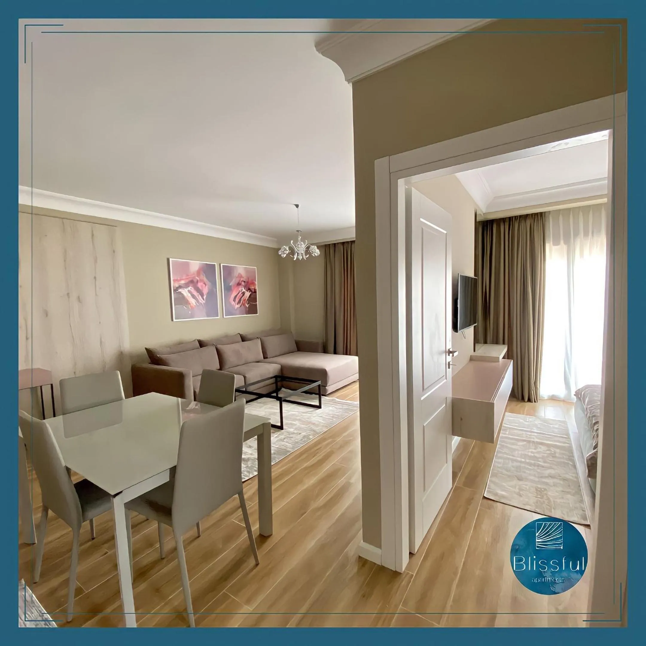 Living room, Bed in Blissful Apartments